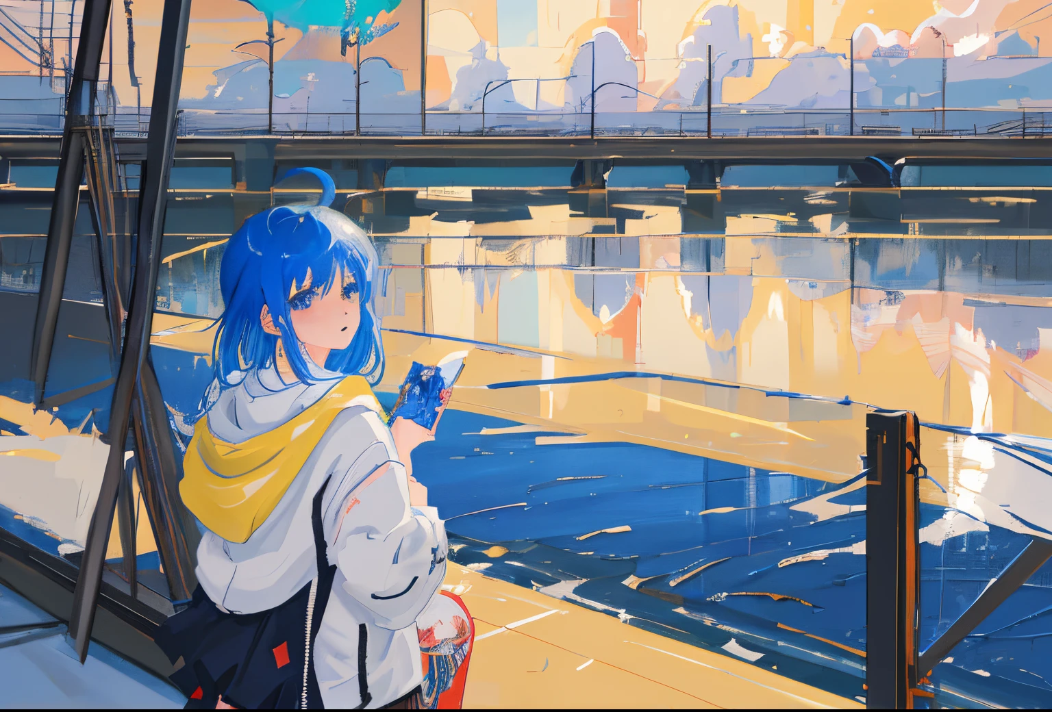Anime girl with blue hair looking at her painting, digital art on pixiv, anime picture, trending on artstation pixiv, zerochan art, yuumei, trending anime artwork, Trending anime art, painted in anime painter studio, anime style artwork, anime style 4 k, eerie art style, anime style art, Anime girl with blue hair