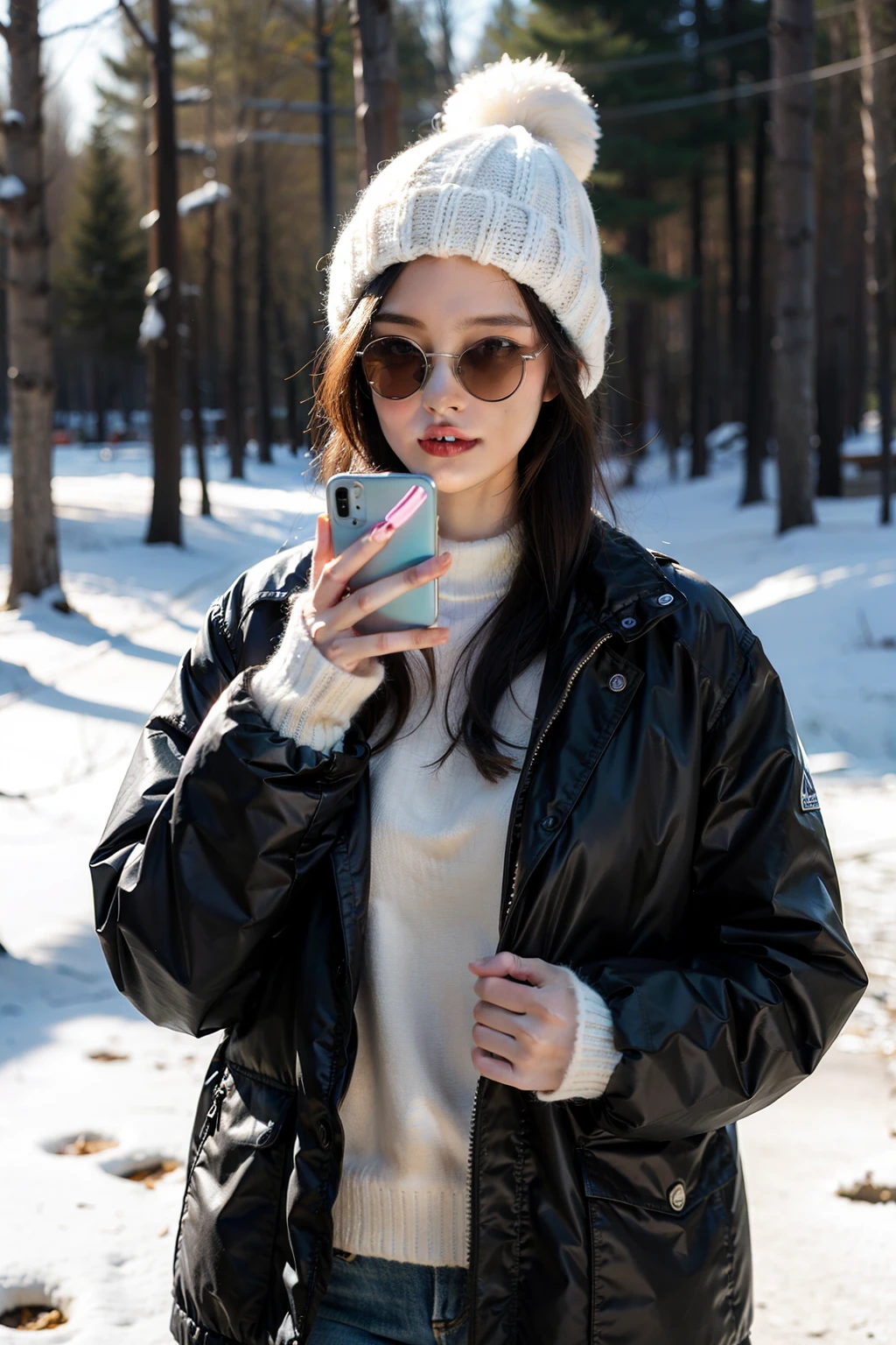 winter forest snow,and the sun was shining brightly,one-girl,Wear a knitted hat on your head,Wearing sunglasses,Wear a down jacket,Hold the phone in one hand,Take a selfie in the mirror,large view,Realistic painting style,realness,high detal, high qulity, Best quality at best, A high resolution, 1080p, k hd, 4K, 8K