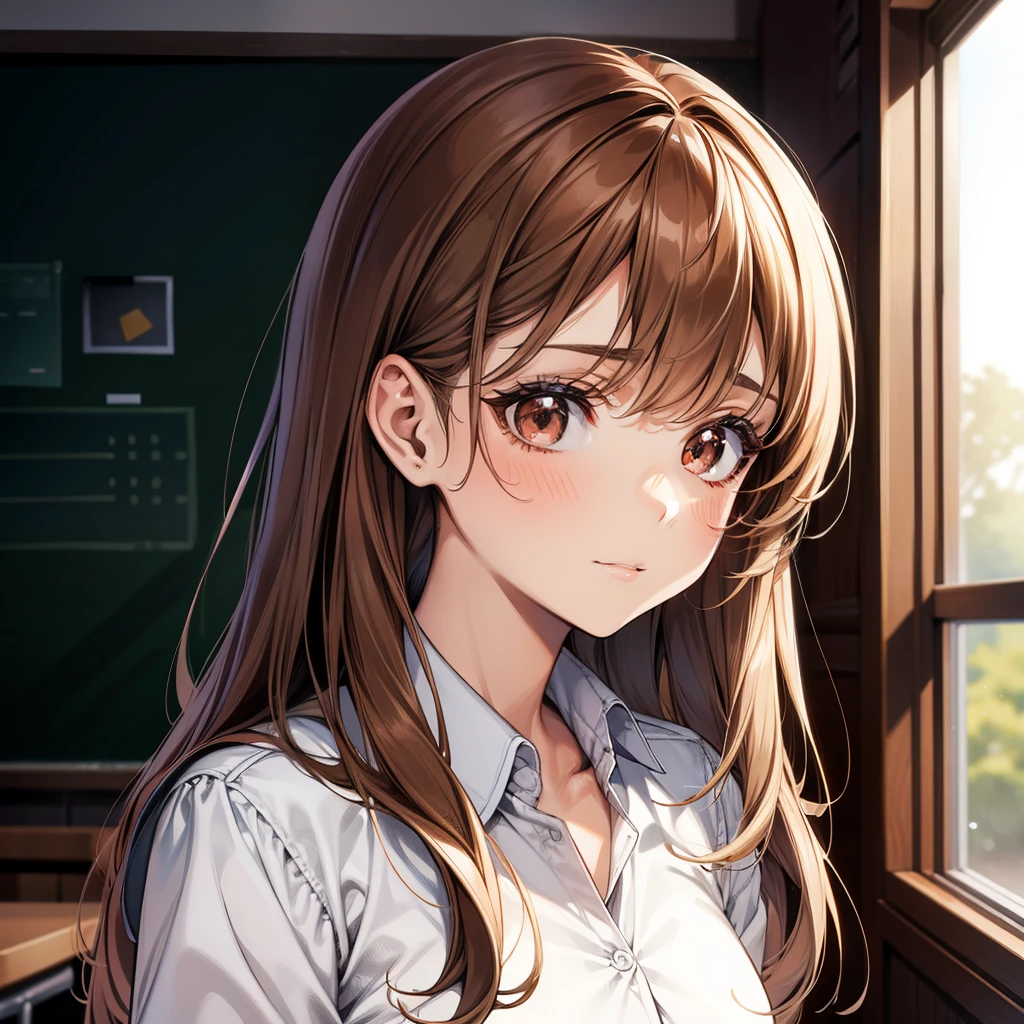 A pretty lady with long brown and brown eyes, giving a pure and good girl vibe, shy girl, school, modern era, upper body