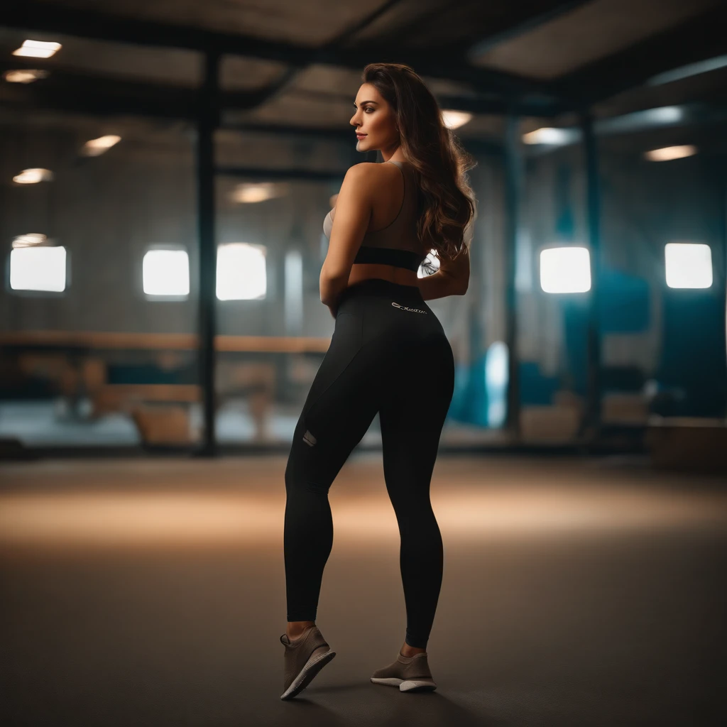 (aesthetic:1.1),brunette with perfect body,big boobs and big ass,long light brown hair,hot leggings,backview,sharp background,(highres,8k),(realistic,photorealistic:1.37),(studio lighting,vivid colors)