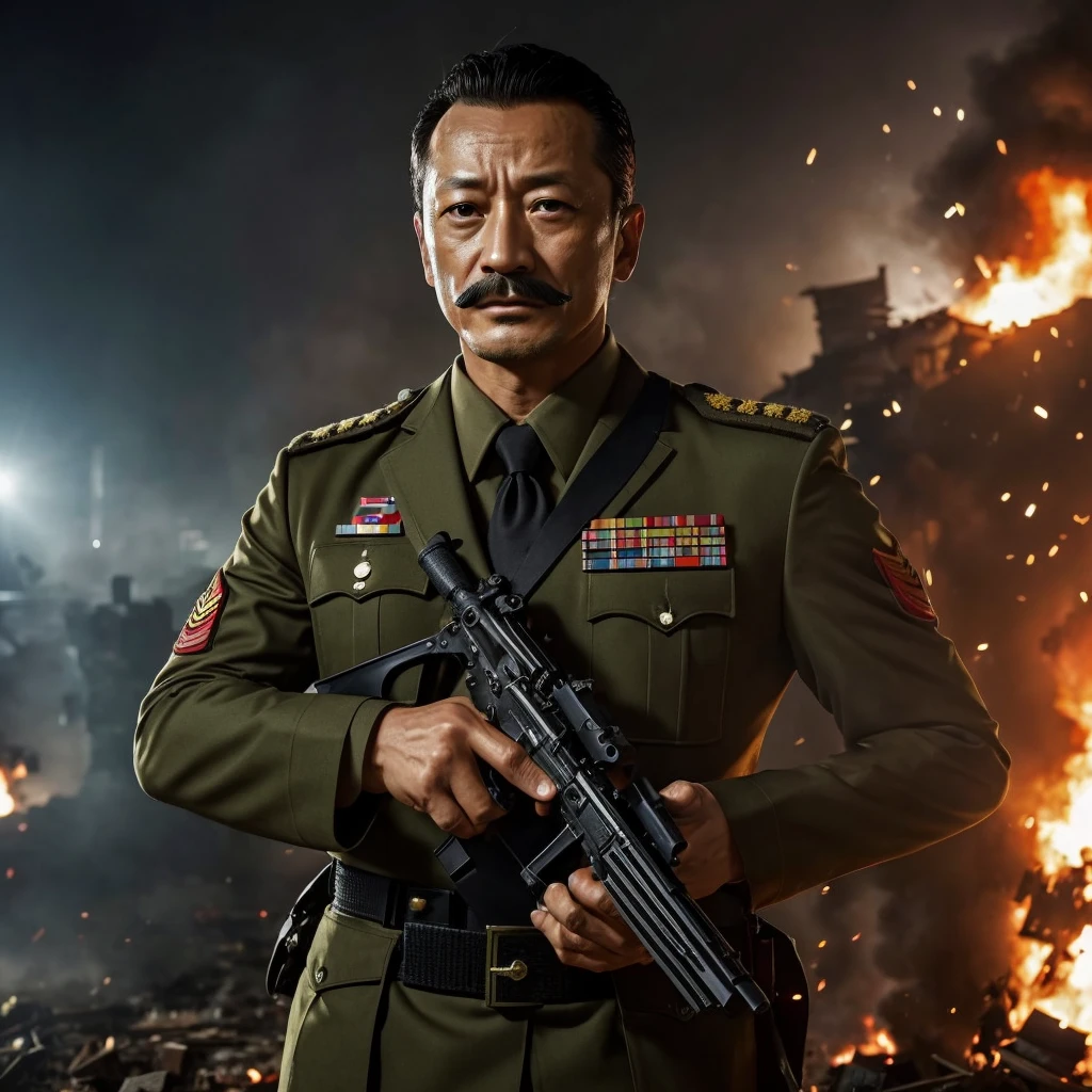 50 years old，Hidetoshi Nakata ，（Kogoro Mouri 1.3),  dress as malaysia army uniform, tong, mustache，little beard, soldier, injured, little blood at forehead,warzone, building destroy, explosion , ready for attack, not giving up, epic scene, masterpiece，4k hd