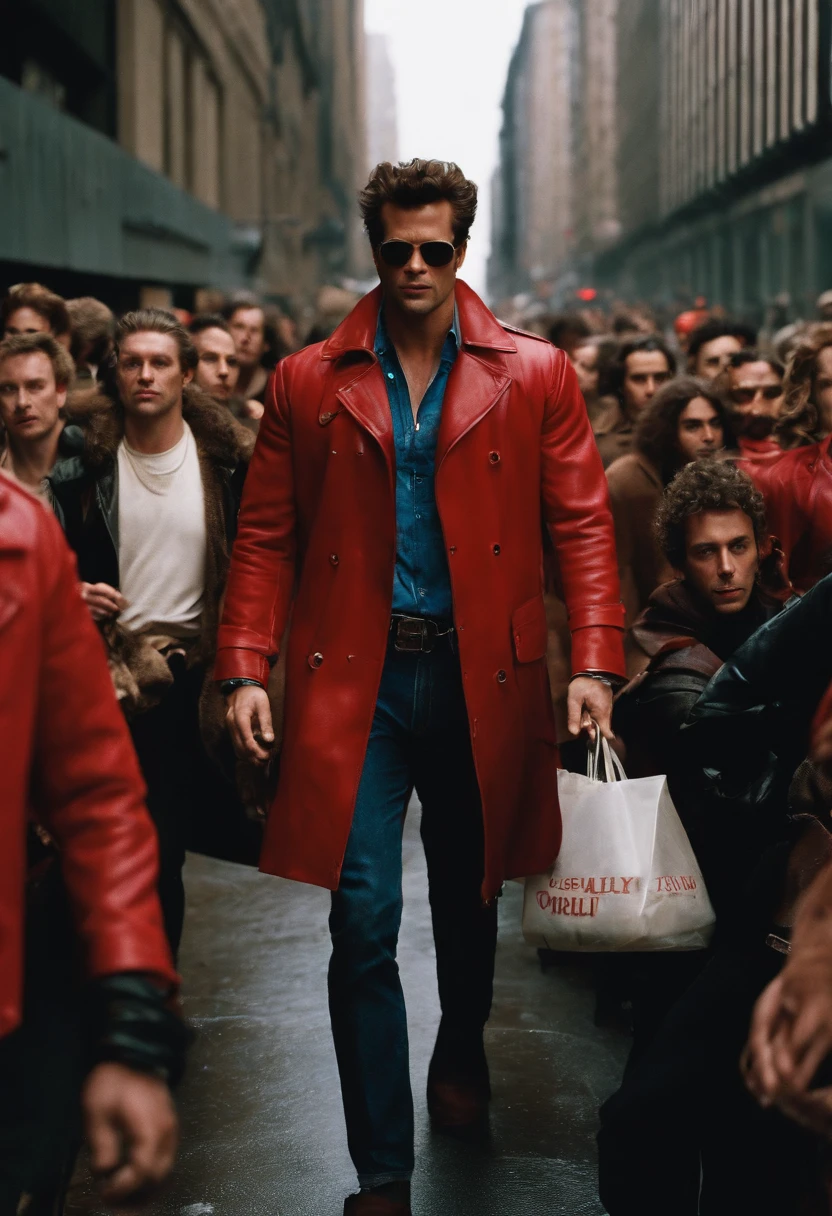 A photo of Tyler Durden leading a group of rebellious individuals, all wearing the iconic red jacket, gathering outside a luxury department store, with closed signs and barriers indicating it's closed.,original,Visually, Tyler is depicted as the epitome of a certain rugged, careless coolness, with a chiseled physique, unkempt hair, and a devil-may-care attitude expressed through his disheveled yet somehow stylish clothing. He frequently sports a red leather jacket, flashy shirts, and a penchant for soap making, which serves as a metaphor for his ability to cleanse and rebuild the identities of his followers., male
