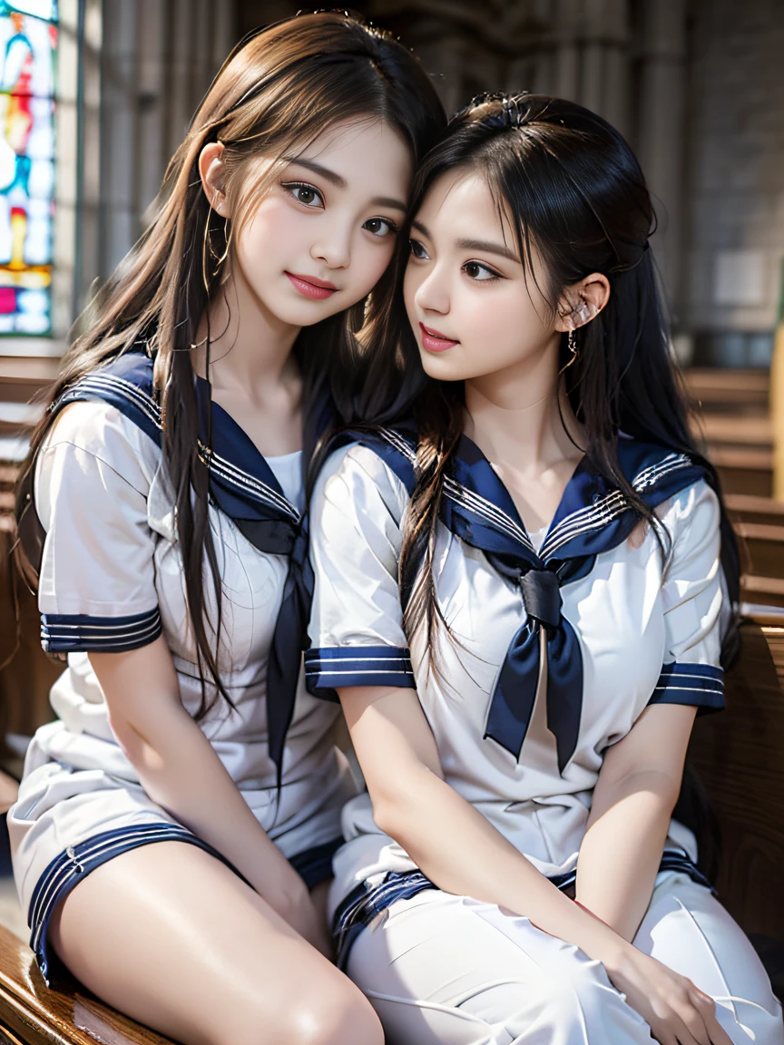 (Two schoolgirls)、Beautiful 18 year old Japan woman, (Two high school girls in short-sleeved white sailor suits:1.5), Japan strict girls' school sailor uniform, (Two schoolgirls sitting in a church pews:1.5), Beautiful and elaborate stained glass on the background, 1screen, 8K, RAW shot, top quality photo, ​masterpiece, Amazing realism photos, Anatomically correct proportions, perfectly proportions, Cute woman like an idol in Japan, Detailed face, Detailed eyes, Narrow Nose, Detailed hands and fingers , detailed arms, Detailed skin, Detailed legs, short torso, Slender body, shiny long hair, Big breasts that seem to break through the uniform, Body Fit Sailor Suit、(High school girls staring at each other:1.5)、Schoolgirl with long and short hair、((Hugging and kissing:1.5)), Rich kiss