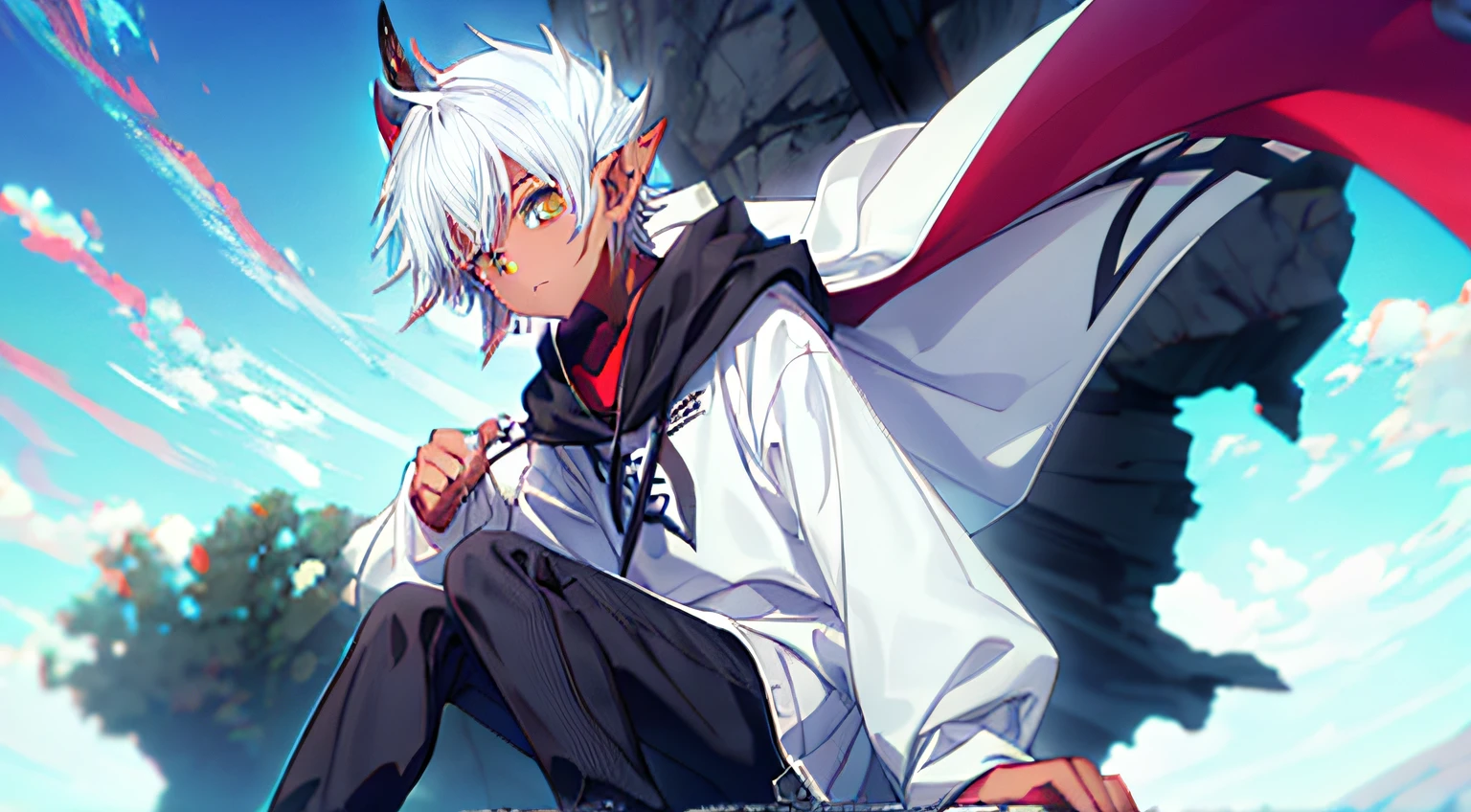 {Anime style}, {red skin color}, {pointed ears}, {aged}, {white colored hair}, {black cloak}, {horns from forehead}, {height 178}, {beutiful}, {Yellow eyes}, {Male gender}, {Cute}, {slim physique}, {tshirt}, {breeches}, {footwear}, {One person}