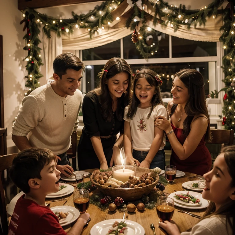 Watch an immersive scene of a family in Christmas spirit: um homem, a woman and children gathered around a festively decorated table, deliciando-se com uma ceia especial. Destaque a alegria nos rostos, os sabores da comida natalina, a troca de olhares afetuosos e a atmosfera acolhedora, creating a warm and complete representation of family spirit during the Christmas celebration.