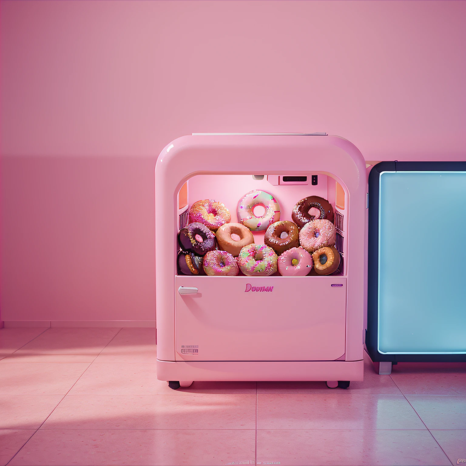 donut creative ads, donuts are in the small one door refrigerator, how to keep donut?, tasty, yummy, pink glow background, fresh, social media design, unreal engine5, detail, blur background