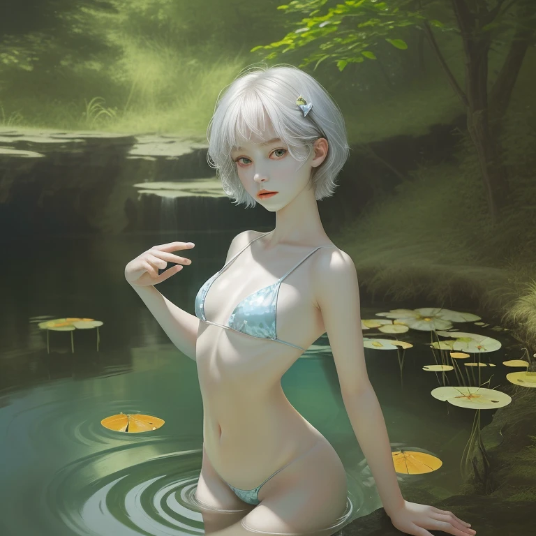 Correct human anatomy,Milky skin,Naked underage girl,Large breasts,Short upper body,delicate hand,Small thighs,Female genitalia are clearly visible,Pond moonshine,
