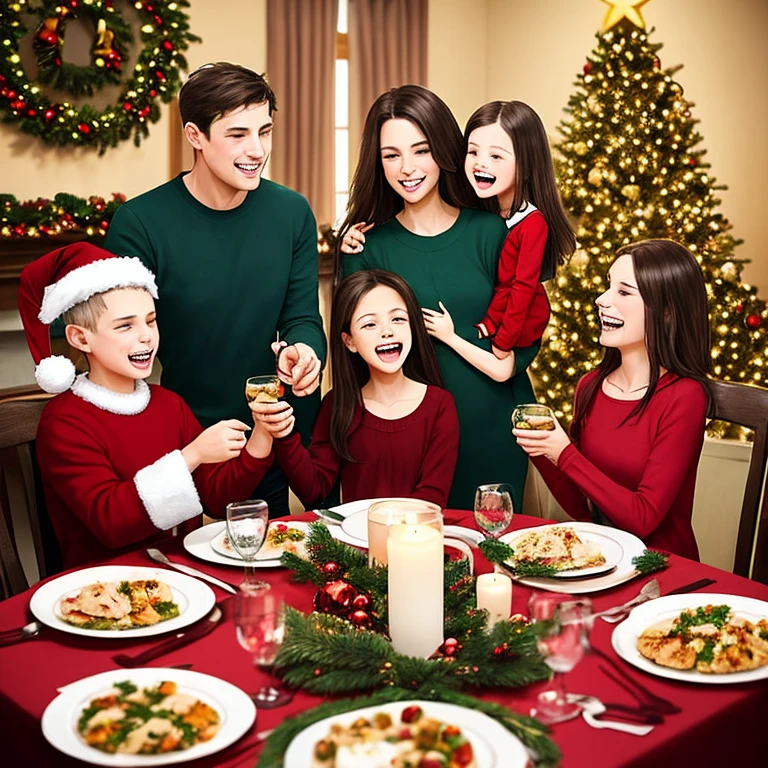 Create an image that vividly portrays the Christmas atmosphere in a family, with the presence of a man, A woman and children. Destaque uma mesa ricamente decorada, where the family shares a festive meal, trocando sorrisos, presentes e momentos afetuosos. Transmita a atmosfera calorosa, the expressions of joy and family connection during this special moment of Christmas celebration.