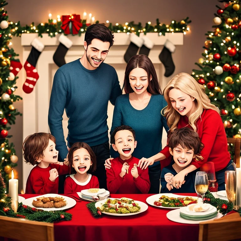 Create an image that vividly portrays the Christmas atmosphere in a family, with the presence of a man, A woman and children. Destaque uma mesa ricamente decorada, where the family shares a festive meal, trocando sorrisos, presentes e momentos afetuosos. Transmita a atmosfera calorosa, the expressions of joy and family connection during this special moment of Christmas celebration.