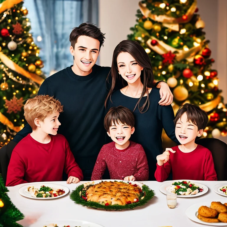 Create an image that vividly portrays the Christmas atmosphere in a family, with the presence of a man, A woman and children. Destaque uma mesa ricamente decorada, where the family shares a festive meal, trocando sorrisos, presentes e momentos afetuosos. Transmita a atmosfera calorosa, the expressions of joy and family connection during this special moment of Christmas celebration.