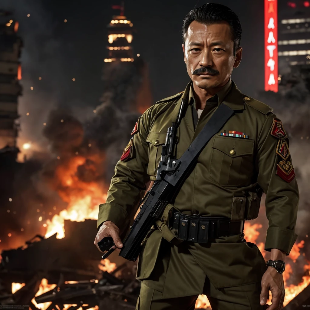 50 years old，Hidetoshi Nakata ，（Kogoro Mouri 1.3),  dress as malaysia army uniform, tong, mustache，little beard, soldier, injured, little blood at forehead,warzone, building destroy, explosion , ready for attack, not giving up, epic scene, masterpiece，4k hd