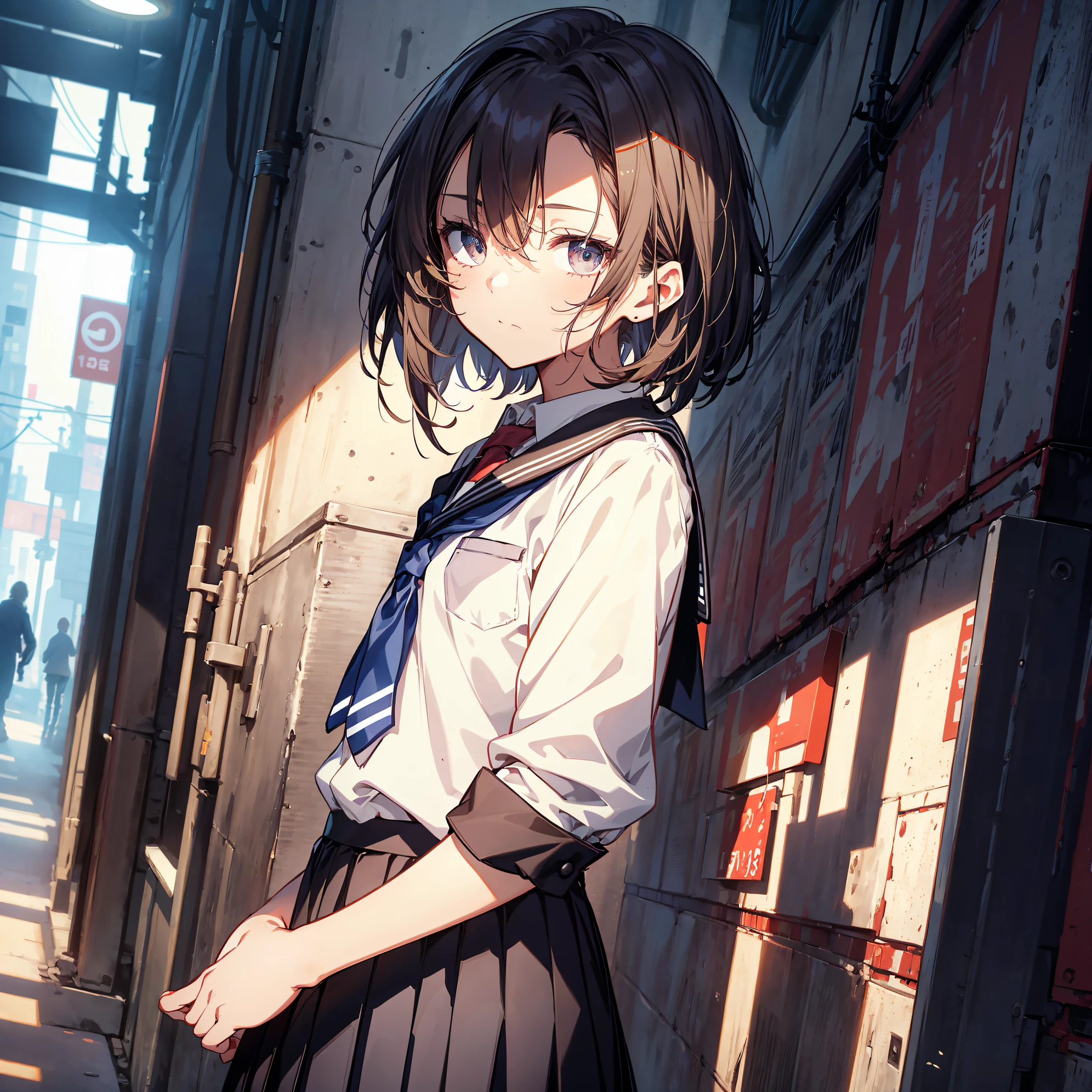 of the highest quality, anime moe art style,Best Anime 8K Konachan Wallpapers,Pixiv Contest Winner,Badass Anime 8K,Perfect Anatomy, (Draw a girl sleepily walking to school. ),BREAK, 1girl in, (Solo,Lori,,13yea:1.3),a junior gynous attraction, (Very short hair),hair messy, Full limbs, complete fingers,flat chest, Small butt, groin, Small eyes,Precise black eyes,disgusted eye, School uniform, Skirt,On the way to school. BREAK,Ultra-detailed,High resolution,super detailed skin, Professional Lighting, (cool illustration:1.2),