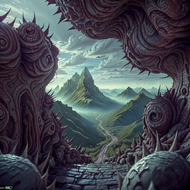 (best quality,4k,8k,highres,masterpiece:1.2),ultra-detailed,(realistic,photorealistic,photo-realistic:1.37), view from the top of the peak: horror landscape of madness, complex biomechanicals monuments, biomorphic sculptures, spiked walls, madness, thorns. Artstation, UHD, unreal engine, line art drawing style.