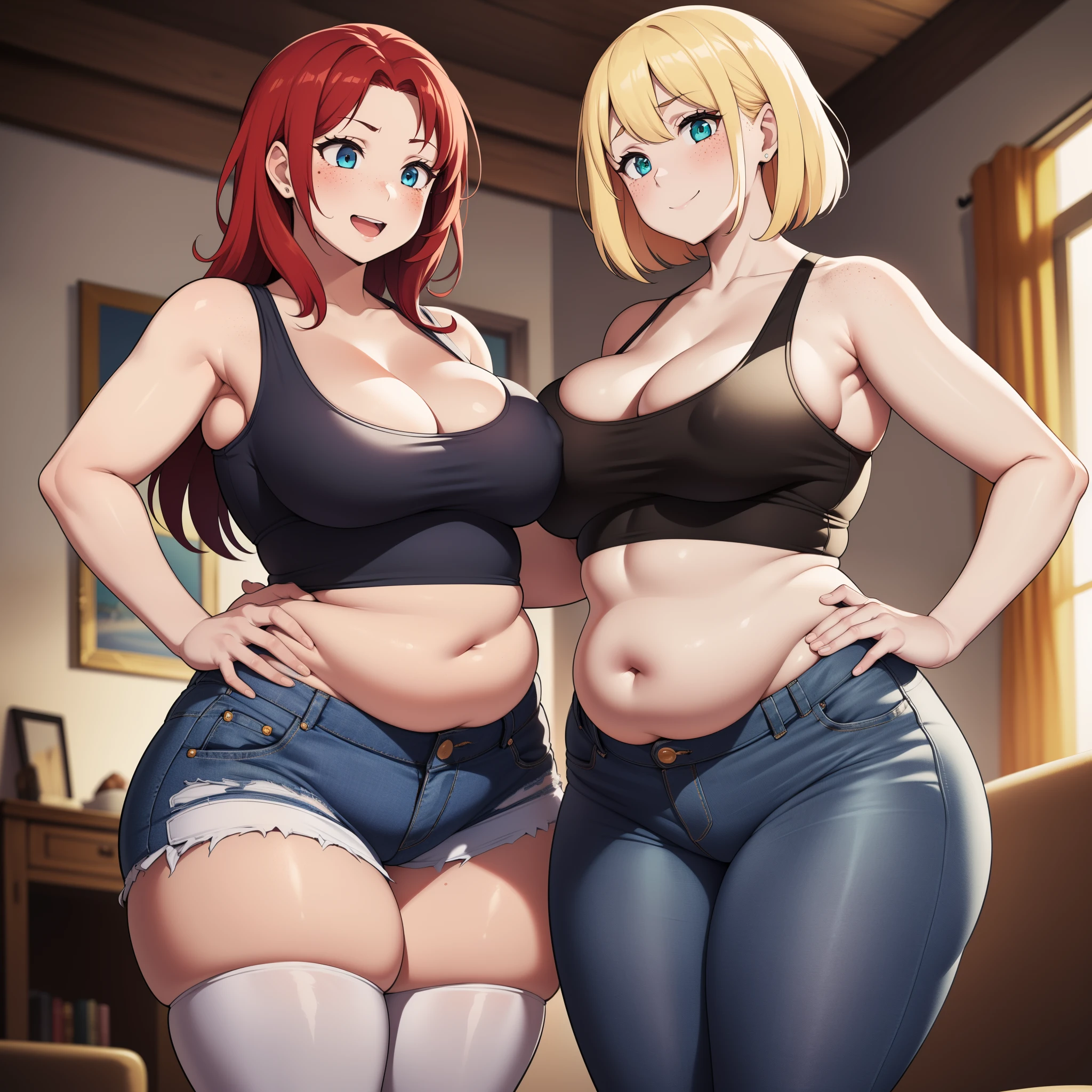 ((high res)), (Masterpiece), perfect anatomy, perfect shading, field of depth, (best quality), extremely delicate and beautiful, perfect lighting, detailed face, ultra cute face, cute, (cowboy shot 1.2), full body, (((2girls))), ((2 girls 1 and 2))
Girl 1: has long hair, fluffy hair, blonde hair, blue eyes, (blush), embarrassed, (crop top 1.2), (jean shorts 1.2), extremely tight clothes, medium breasts, cleavage, perky breasts, ((wide hips)), (thick thighs), (chubby), pudgy belly, fat rolls, belly hang,
Girl 2: has short hair, fluffy hair, red hair, green eyes, freckles, smile, pale skin, (white tank top 1.2), (jeans 1.2), extremely tight clothes, medium breasts, cleavage, perky breasts, (((wide hips))), ((thick thighs)), (plump), chubby belly, fat rolls, belly hang, she has a jiggly belly,
living room, intricate background, detailed background, girls are standing next to each other,