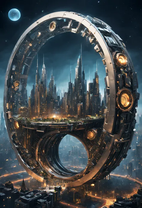 （very unified cg scene design），（a ring-shaped future city suspended in the universe：1.1），（nature and architecture are closely in...