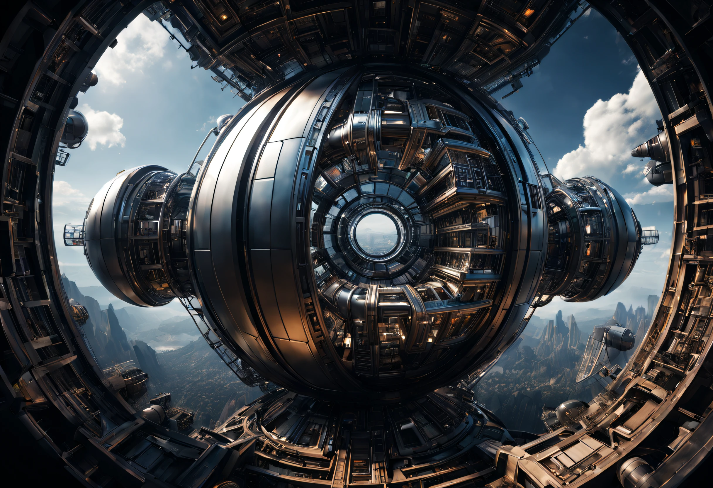 （Very unified cg scene design），（Many neatly arranged giant capsule-like titanium houses suspended in outer space），dream-like, sci-fy, Nature and architecture are closely integrated（giant capsule-like titanium houses hang neatly），（Completely symmetrical arrangement：0.8）（Each capsule-shaped titanium house looks exactly the same.：0.8），Embodying the principle of fairness in a utopian world，Complex structure，gear wheel，Titanium Alloy，Sophisticated construction，Ultra-complex structures，future people，sci-fy，Shoot from the bottom up，Background with：kosmos，
