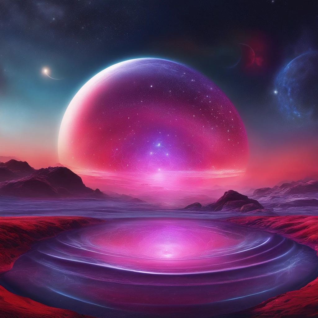 (best quality,4K,hight resolution,Meisterwerk:1.2),Ultra-detailliert,Red liquid, die in einer runden Glasflasche inmitten des kosmischen Sternenhimmels schwebt,glowing,purple liquid in a round glass flask, abstrakt schwebend in der Weite des Universums und umgeben von funkelnden Sternen,ethereal atmosphere,Fesselnde visuelle Effekte,Faszinierender Anblick,Otherworldly beauty,kosmisches Wunder,bezaubernd in seiner himmlischen Umgebung,hypnotic scene with a feeling of mystery and fascination,magical atmosphere,schimmernde Farben,galaktischer Reiz,faszinierende Kombination aus Wissenschaft und Kunst,Comparison of the heavenly and the everyday,funkelndes rotes Leuchten, das die dunkle Leere erhellt,Transcendent aesthetics