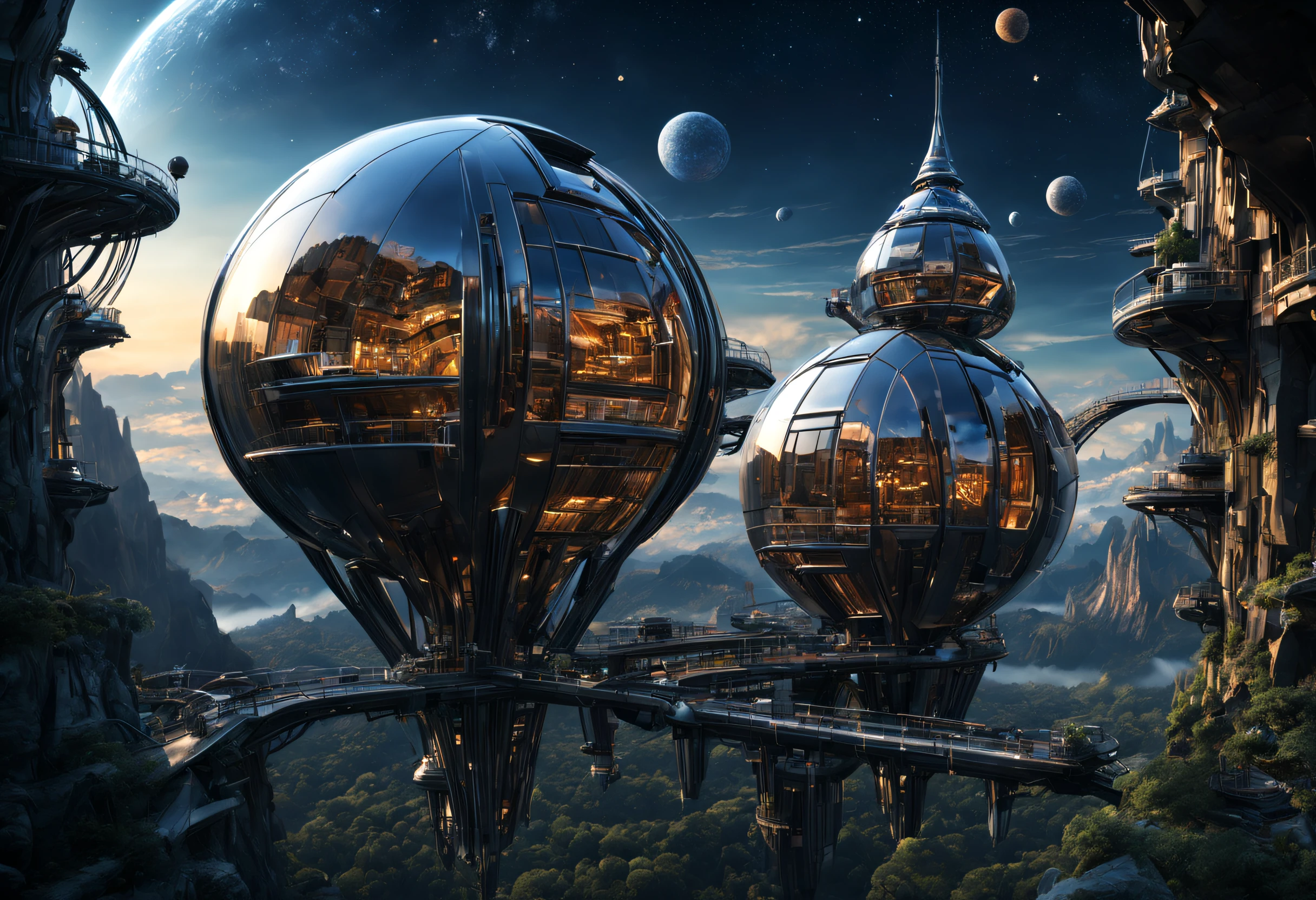 （Very unified cg scene design），（Many neatly arranged giant capsule-like titanium houses suspended in outer space），dream-like, sci-fy,（ Nature and architecture are closely integrated），（giant capsule-like titanium houses hang neatly），（Each capsule-shaped titanium house looks exactly the same.：0.8），Embodying the principle of fairness in a utopian world，Complex structure，gear wheel，Titanium Alloy，Sophisticated construction，Ultra-complex structures，future people，sci-fy，Shoot from the bottom up，Background with：cosmic starry sky