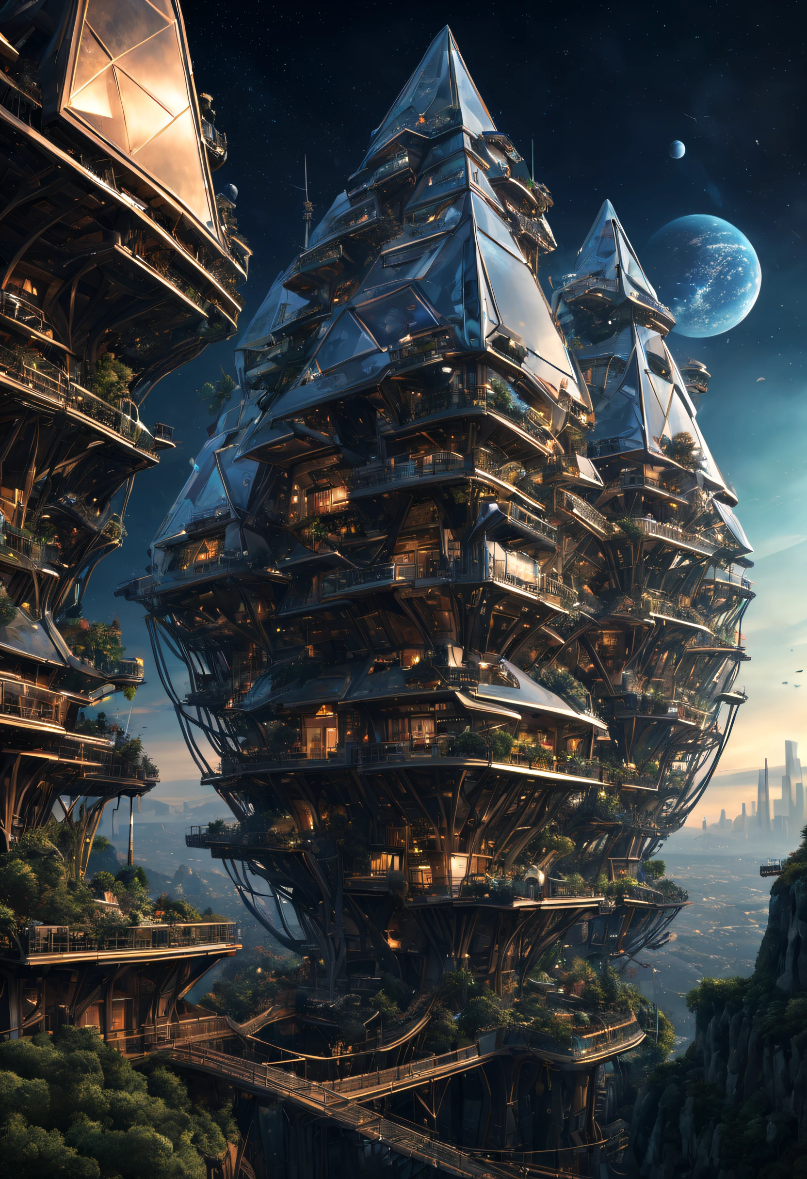 (Very unified cg scene design),(Many neatly arranged giant triangular titanium houses suspended in outer space),(huge triangular titanium houses hang neatly),(Each capsule-shaped titanium house looks exactly the same.:0.8),Embodying the principle of fairness in a utopian world,Complex structure,gear wheel,Titanium Alloy,Sophisticated construction,dream-like, sci-fy, (Nature and architecture are closely integrated),Ultra-complex structures,future people,sci-fy,Shoot from the bottom up,Background with:cosmic starry sky