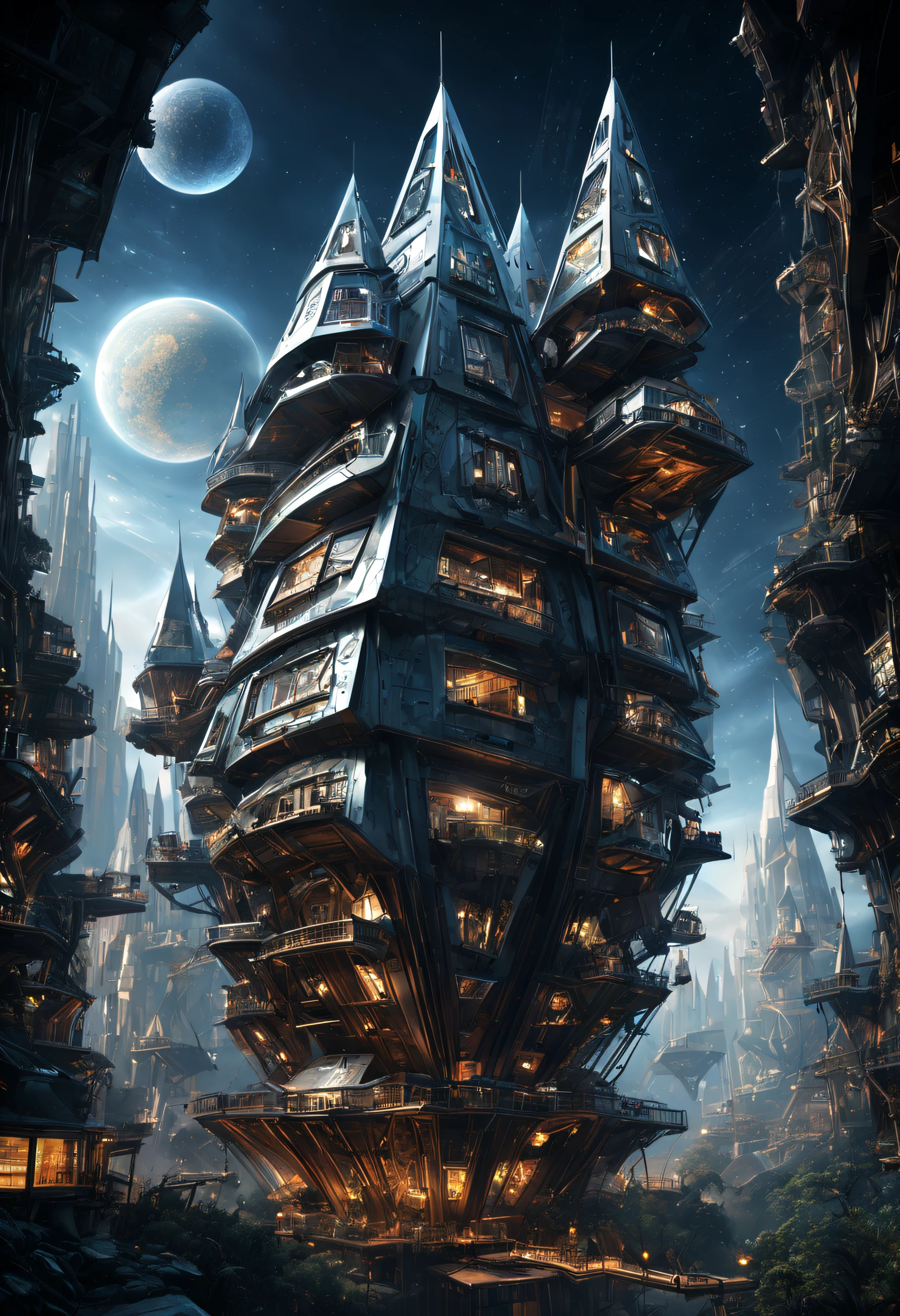 （Very unified cg scene design），（Many neatly arranged giant triangular titanium houses suspended in outer space），（huge triangular titanium houses hang neatly），（Each capsule-shaped titanium house looks exactly the same.：0.8），Embodying the principle of fairness in a utopian world，Complex structure，gear wheel，Titanium Alloy，Sophisticated construction，dream-like, sci-fy, （Nature and architecture are closely integrated），Ultra-complex structures，future people，sci-fy，Shoot from the bottom up，Background with：cosmic starry sky