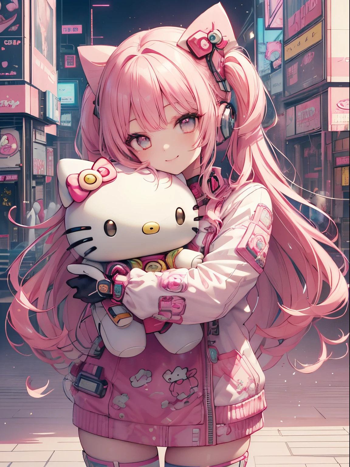 best quality, 4K wallpaper, masterpiece, extremely detailed CG unity 8k wallpaper, extremely detailed eyes, ultra-detailed, intricate details, 
1girl, scifi, (h1c4tt3ch mecha, hugging hello kitty doll, cyberpunk, neon city happy, smile, hello kitty, adorable, cute, dynamic pose