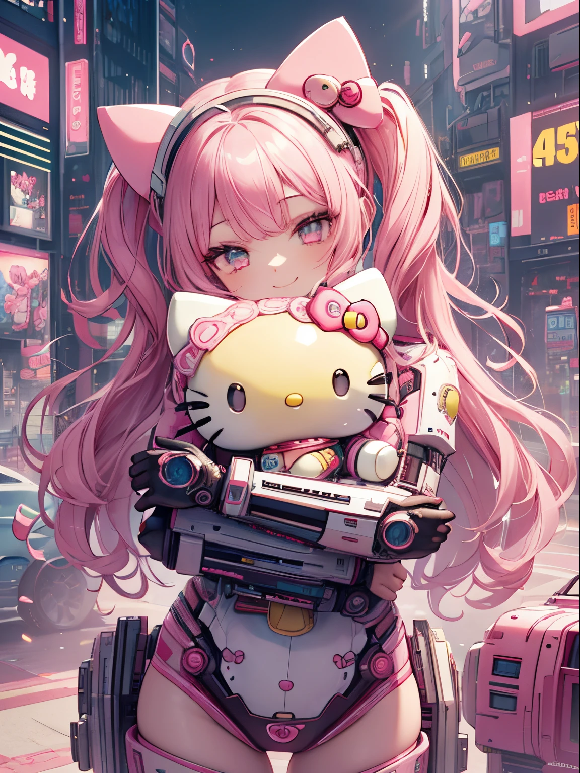 best quality, 4K wallpaper, masterpiece, extremely detailed CG unity 8k wallpaper, extremely detailed eyes, ultra-detailed, intricate details, 
1girl, scifi, (h1c4tt3ch mecha, hugging hello kitty doll, cyberpunk, neon city happy, smile, hello kitty, adorable, cute, dynamic pose