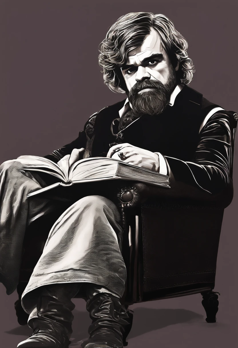 The image is of Tyrion lounging in a comfortable armchair, engrossed in a well-worn book, with a glass of rich, red Dornish wine at his side.,Game of Thrones TV series,Tyrion Lannister, a prominent character from “Game of Thrones,” is distinctive for his short stature due to dwarfism, but he more than compensates with his sharp, expressive eyes and a charismatic, knowing smile. His appearance is further characterized by his well-groomed beard and hair, alongside rich, finely tailored clothing that reflects his high-born status., male