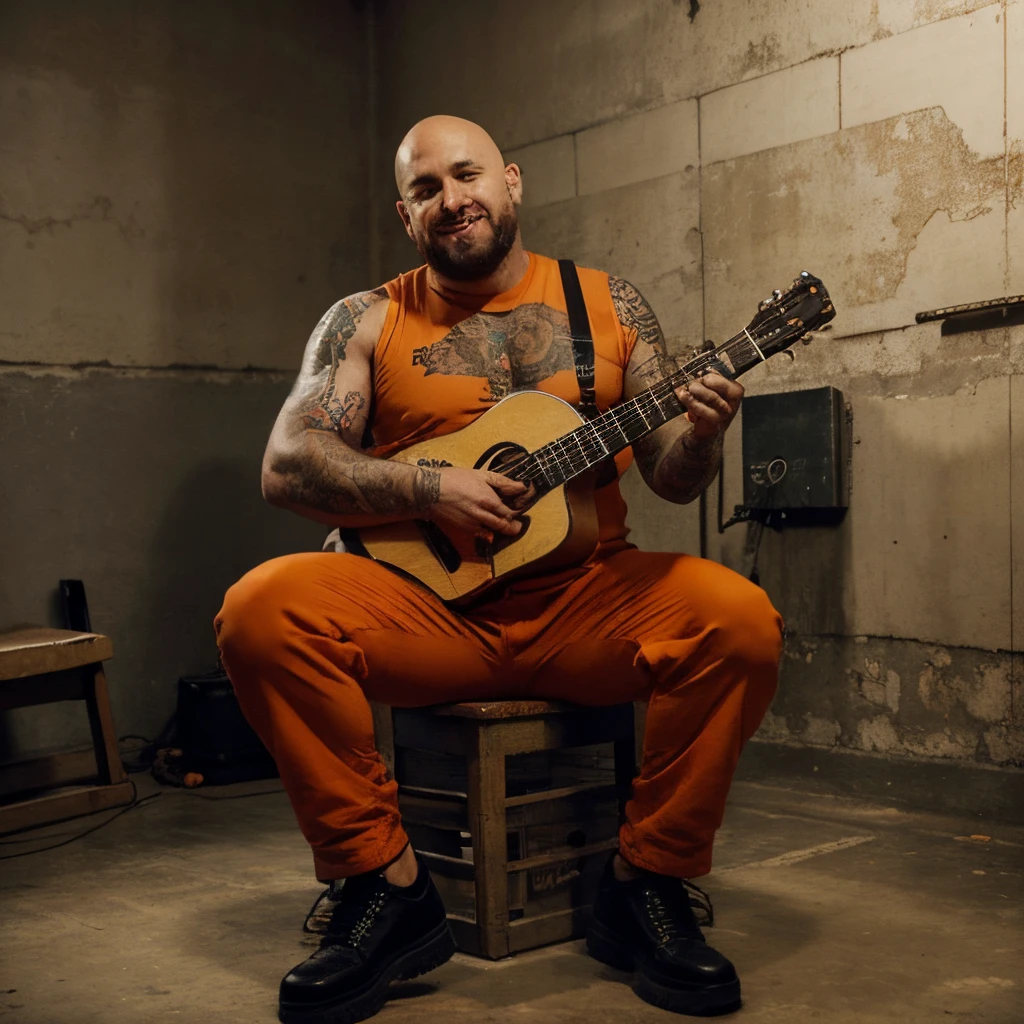 big man fat muscular bald standing in jail prison, tattoos, blad head, wearing orange prison uniform, prison trousers, romanian gipsy, black shoes, (((playing acoustic guitar))), happy face , dark sad atmosphere