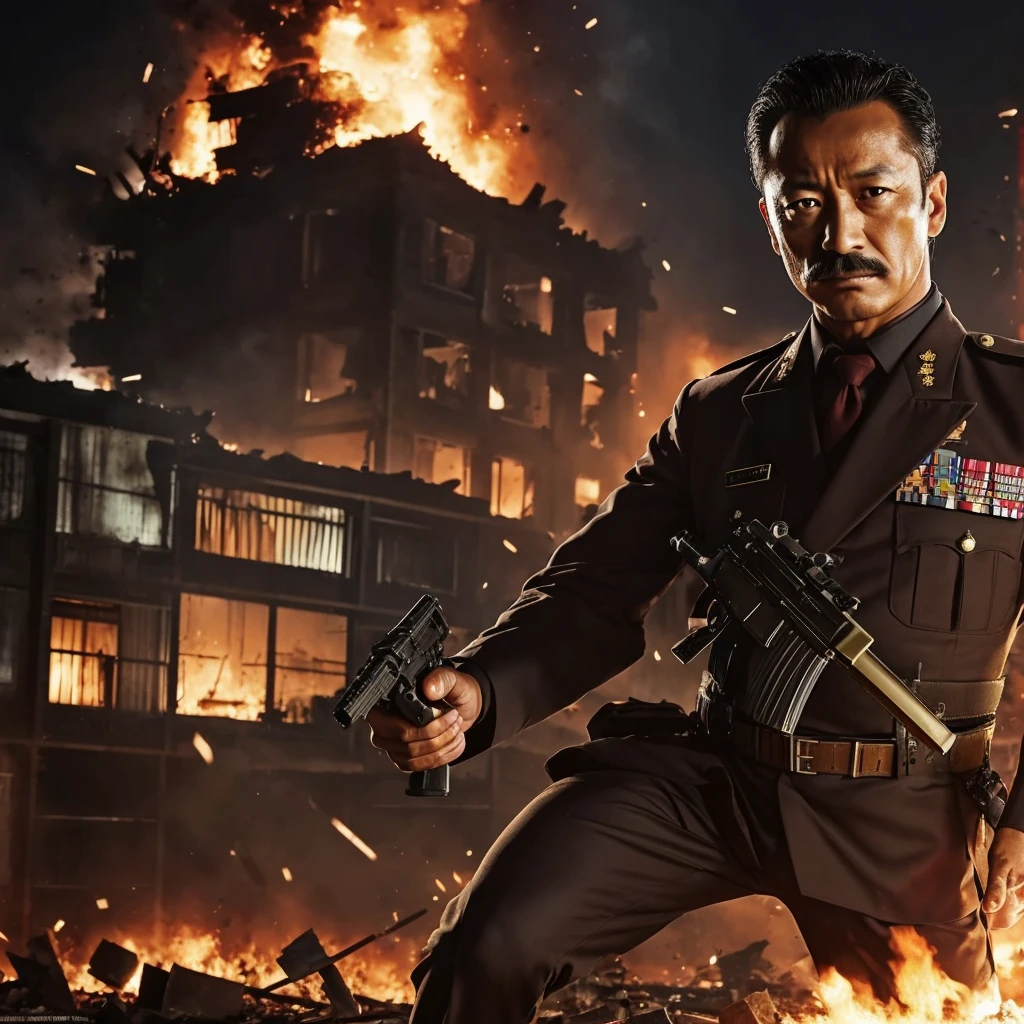 50 years old,Hidetoshi Nakata ,(Kogoro Mouri 1.3), dress as malaysia army uniform, tong, mustache,little beard, soldier, injured, little blood at forehead,warzone, building destroy, explosion, not giving up, epic scene, masterpiece,4k hd
