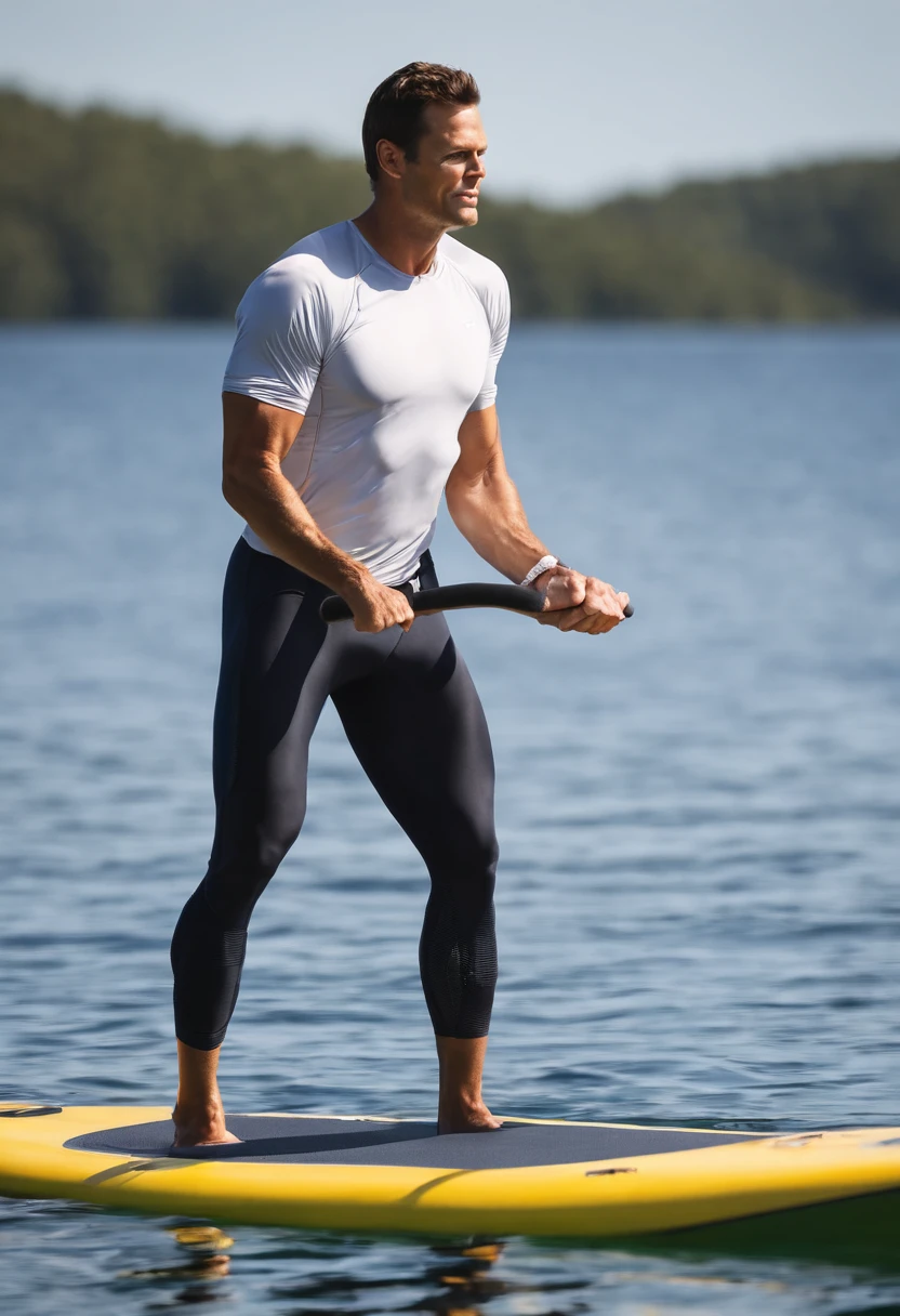 The image is a close-up of Tom Brady in workout gear, practicing yoga on a stand-up paddleboard in the middle of a serene lake.,New England Patriots,Tom Brady, the recently retired renowned American football quarterback, is known for his athletic build, standing tall with a lean, yet muscular physique honed from years of rigorous training and play. He often appears clean-cut, with short hair and a well-maintained appearance, reflecting his disciplined and focused nature., male