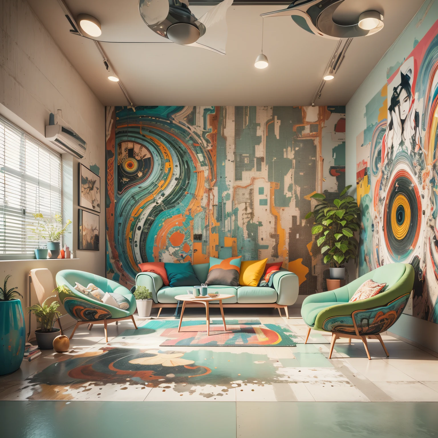 tribal style,Utopian,Afu Futurism,Postmodern,Lounge style office photos,Inside the room,rainbow hair, fox ear, Mosaic style decoration,Modern furniture,Stylish design,Maximalism,natural lightting,vivd colour,tribal pattern,Abstract artwork,floor to ceiling window,in a panoramic view,Ergonomic chair,clean linework,Comfortable seating,Plants and greenery,textured walls、polished concrete floor、contemporary art installation、tribal sculpture、organic shapes、Creative atmosphere、State-of-the-art technology、relaxing atmosphere、Inspirational quotes on the wall、A space full of art,tranquil ambiance。(Best quality at best,4K,8K,A high resolution,tmasterpiece:1.2),ultra - detailed,(actual,realisticlying,Photorealistic:1.37)。
