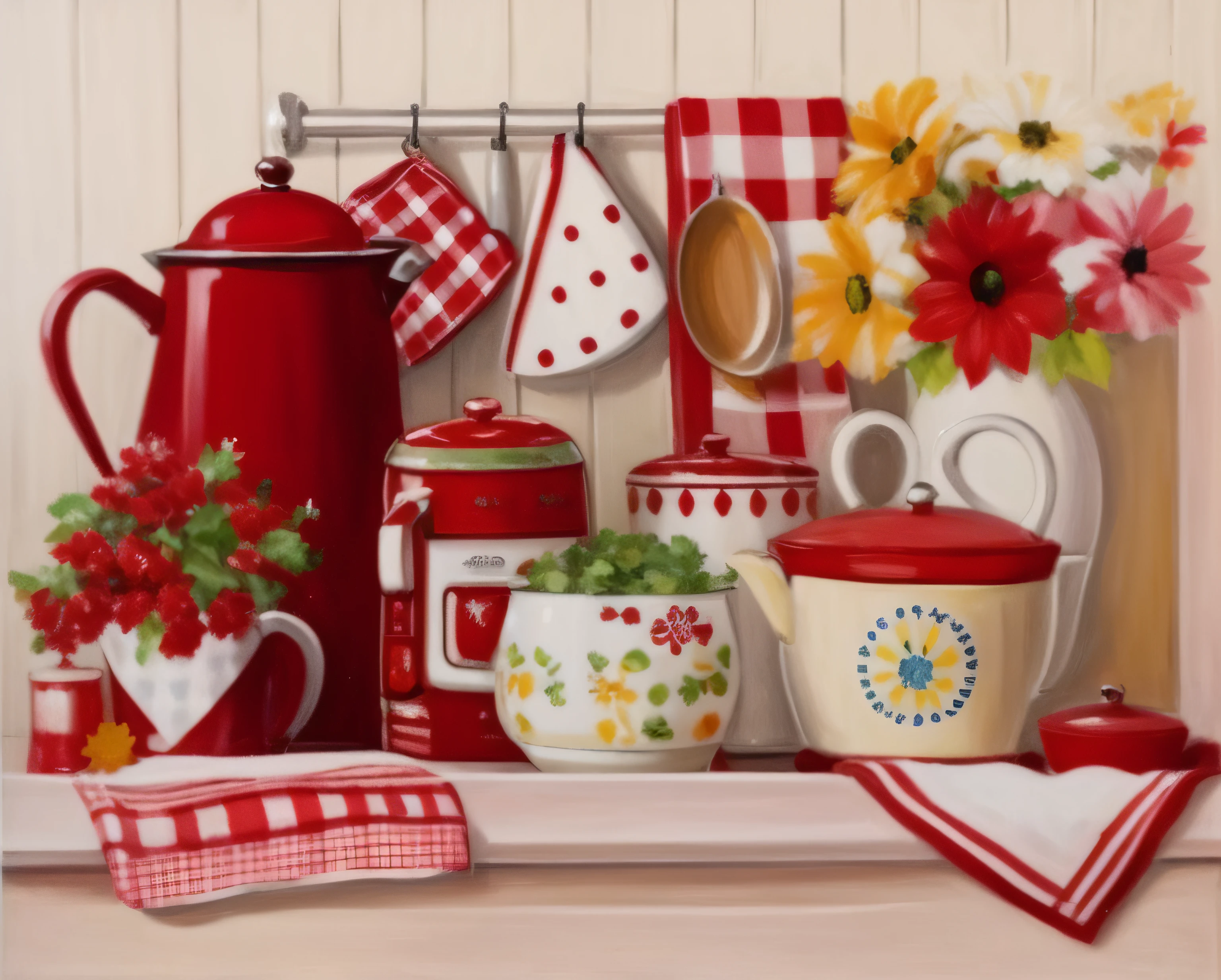 painting of a kitchen counter with a red kettle, red and white dishes, and a red and white checkered towel, red and white color scheme, red and white colors, accents of red, red and white color theme, in the kitchen, kitchen background, red brown and white color scheme, in a kitchen, by Betty Churcher, red dish
