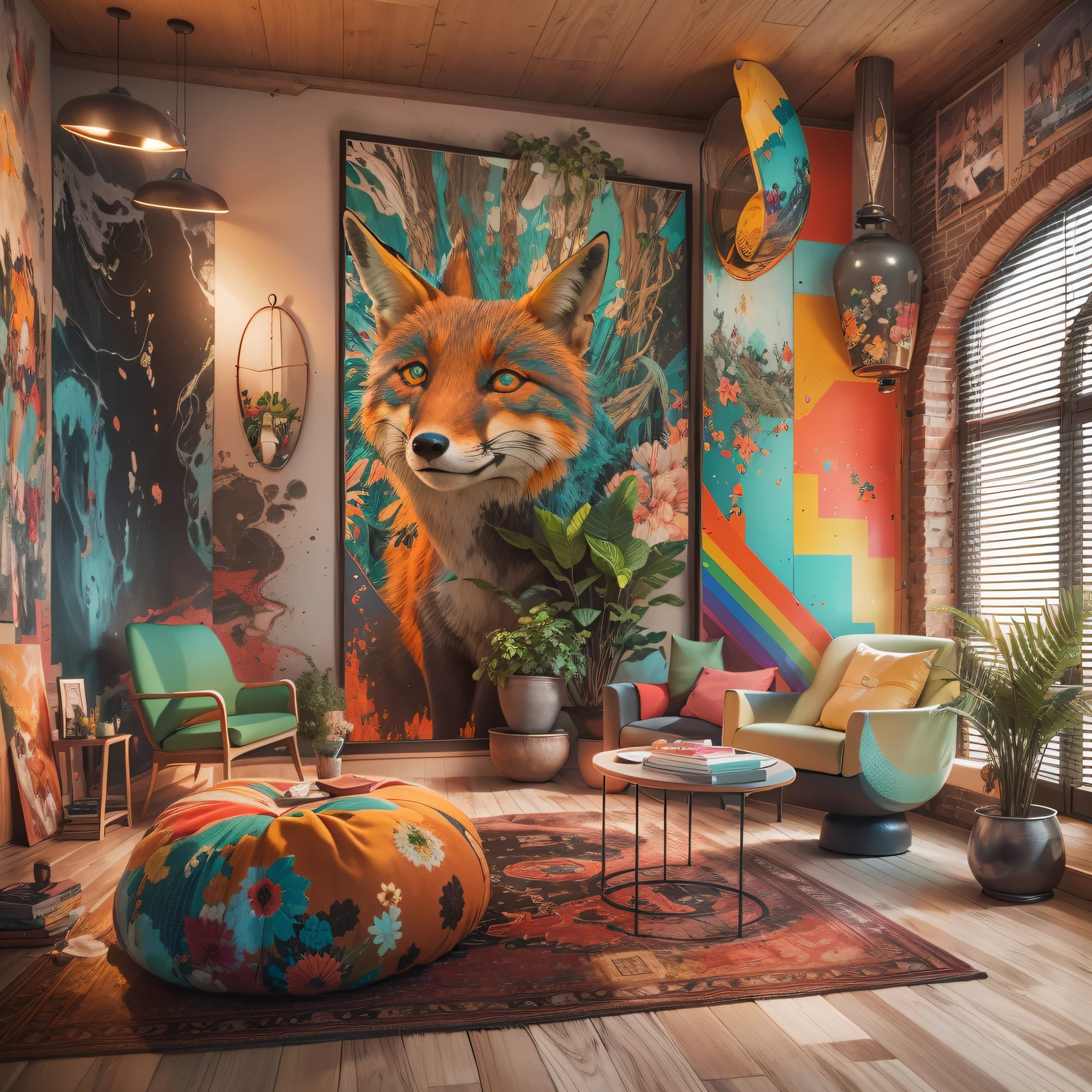 tribal style,Utopian,Afu Futurism,Postmodern,Lounge style office photos,Inside the room,(A young girl stood, rainbow hair, fox ear, light smile,mosaic style clothing),Modern furniture,Stylish design,Maximalism,natural lightting,vivd colour,tribal pattern,Abstract artwork,floor to ceiling window,in a panoramic view,Ergonomic chair,clean linework,Comfortable seating,Plants and greenery,textured walls、polished concrete floor、contemporary art installation、tribal sculpture、organic shapes、Creative atmosphere、State-of-the-art technology、relaxing atmosphere、Inspirational quotes on the wall、A space full of art,tranquil ambiance。(Best quality at best,4K,8K,A high resolution,tmasterpiece:1.2),ultra - detailed,(actual,realisticlying,Photorealistic:1.37)。