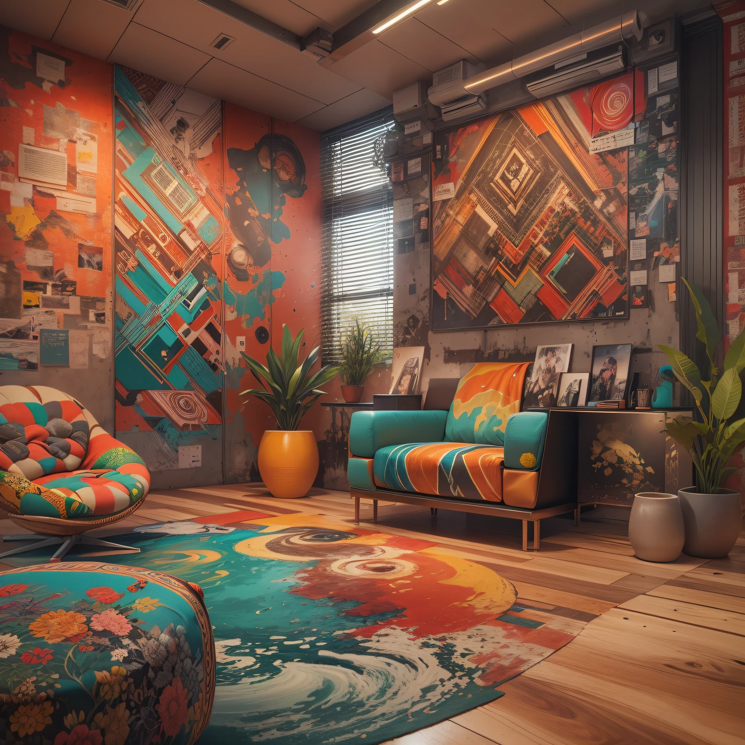 tribal style,Utopian,Afu Futurism,Postmodern,Lounge style office photos,Inside the room,(A young girl stood, rainbow hair, fox ear, light smile,mosaic style clothing),Modern furniture,Stylish design,Maximalism,natural lightting,vivd colour,tribal pattern,Abstract artwork,floor to ceiling window,in a panoramic view,Ergonomic chair,clean linework,Comfortable seating,Plants and greenery,textured walls、polished concrete floor、contemporary art installation、tribal sculpture、organic shapes、Creative atmosphere、State-of-the-art technology、relaxing atmosphere、Inspirational quotes on the wall、A space full of art,tranquil ambiance。(Best quality at best,4K,8K,A high resolution,tmasterpiece:1.2),ultra - detailed,(actual,realisticlying,Photorealistic:1.37)。