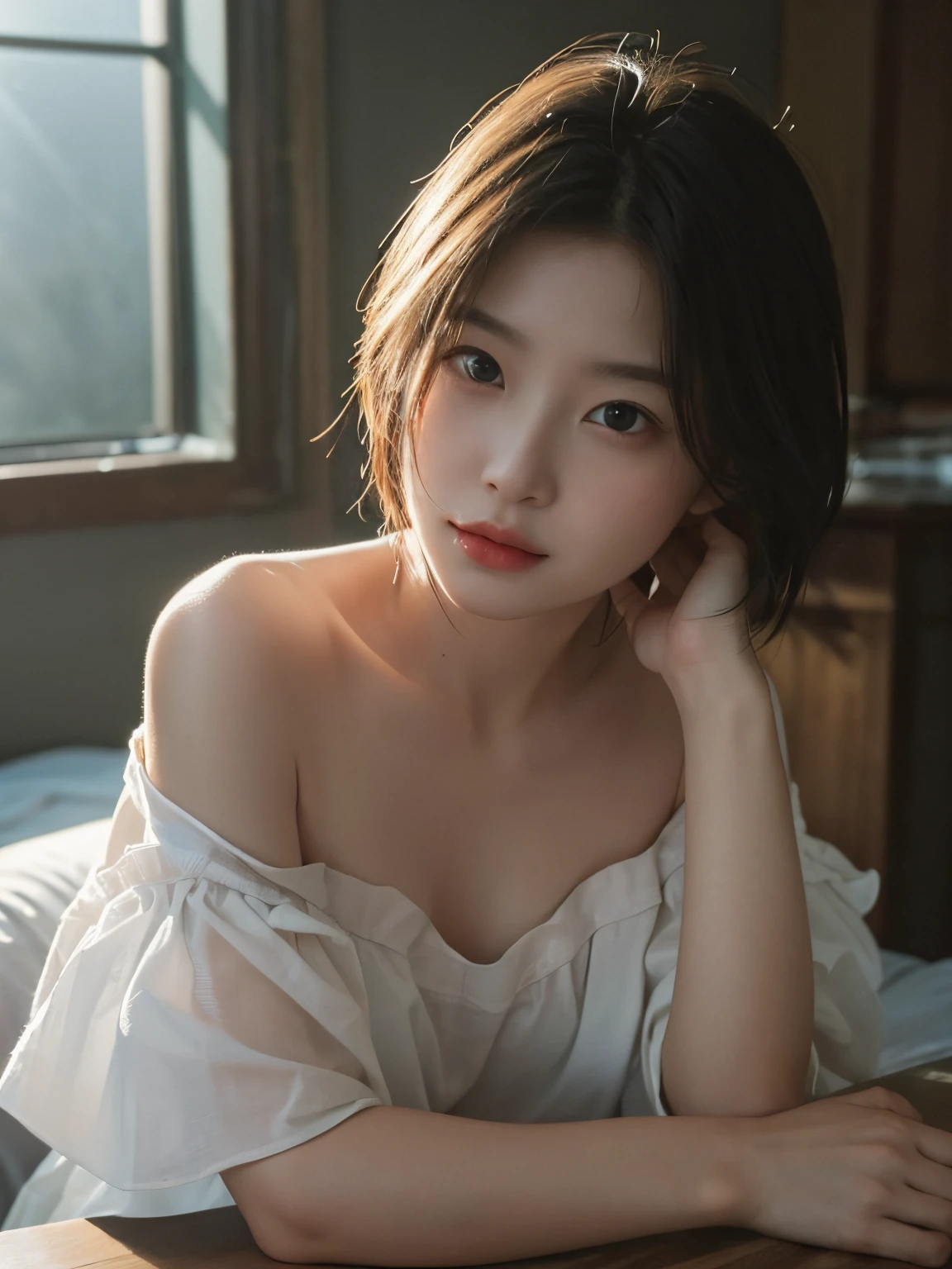 top-quality、masterpiece、超A high resolution、(Photorealsitic:1.5)、Raw foto、1girl in、off shoulders、murky、deep-shadows、Unobtrusive、cold light、sexy appearance、shorth hair、short-cut