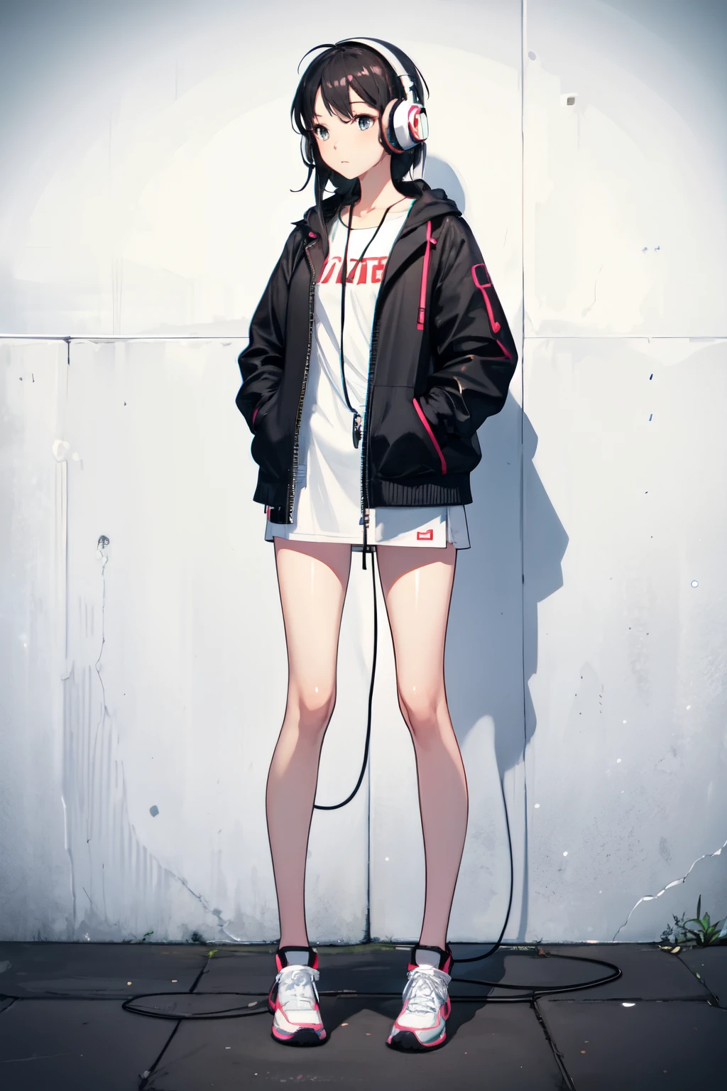 an animated girl with headphones on listening to lofi songs, full body