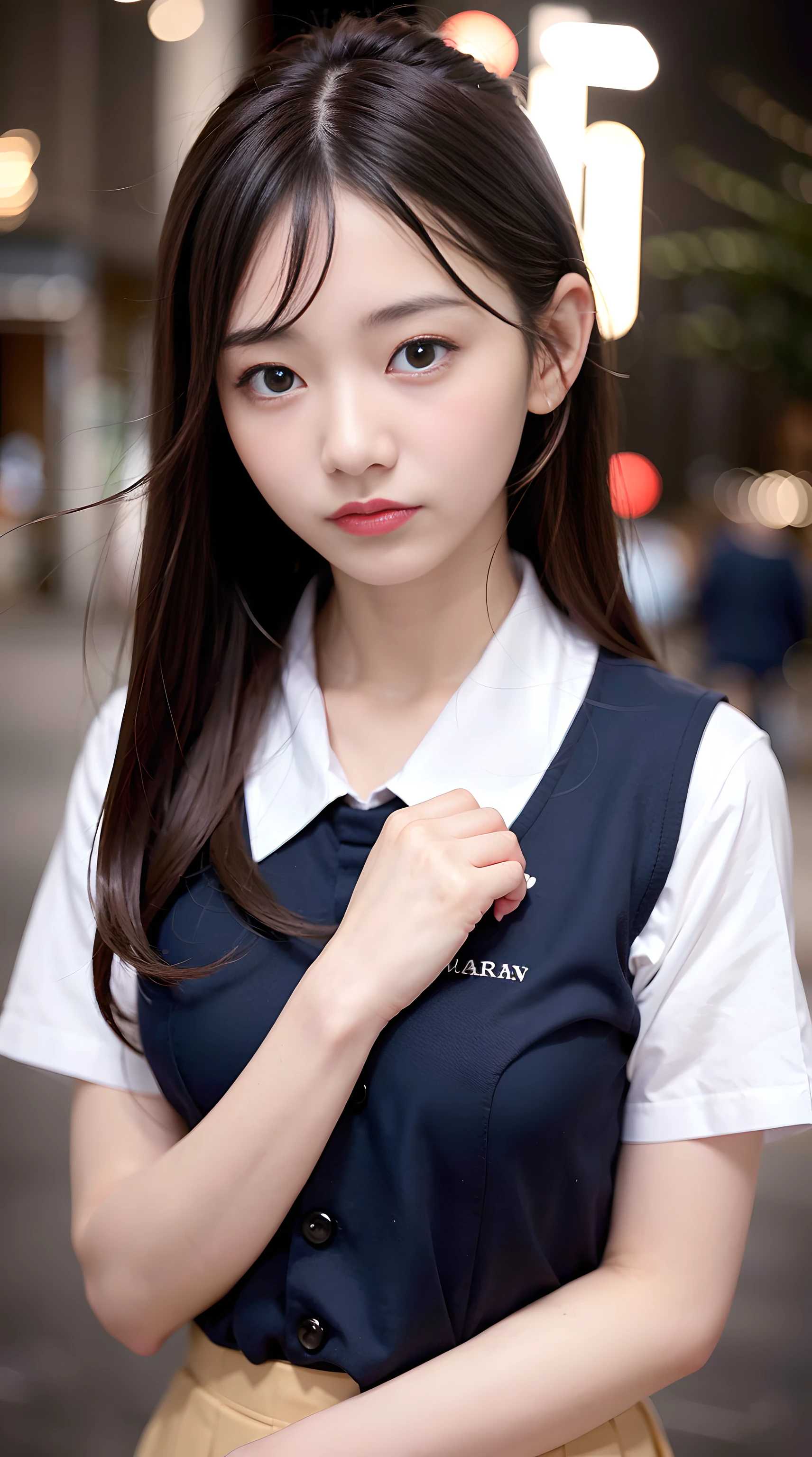 1girl,(school uniform,japan,medium hair black hair,  ),(RAW photo, best quality), (realistic, photo-realistic:1.4), masterpiece, an extremely delicate and beautiful,, photography, extremely detailed, kodak Portra 400,film grain,2k wallpaper, Amazing, finely detail, extremely detailed CG unity 8k wallpaper, ultra-detailed, highres, soft light, beautiful detailed girl, extremely detailed eyes and face, beautiful detailed nose, beautiful detailed eyes,cinematic lighting,city lights at night,street