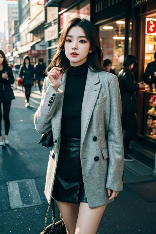Beautiful city girl with elaborate makeup, Stylish clothes, classy fashion sense, Long straight hair, Bring a stylish handbag, And wear trendy sunglasses, Walk with confidence in downtown Seoul [urbane, Modern, Vibrant]. Her perfect porcelain skin shone in the sun, highlight her perfect skin. The vibrant colors of the cityscape create a vibrant background, The market is vibrant, Neon light, and skyscrapers [Dynamic, Energetic]. The girl is surrounded by a group of fashionable girls, Variety of styles, each one reflects a personality [Stylish, difference]. The overall scene exudes charm and sophistication.

The artwork is、Rendering using a combination of digital painting and photography techniques [Mixed Media, Contemporary]. Shows high level details, Girls have intricate patterns on their clothes, Highlight her fashion-forward style. Well-designed lighting，Creates a soft and dramatic effect, Enhance the overall mood of an image [Soft lighting, Dramatic atmosphere]. The color palette is、Consists of bright and saturated colors, Gives your artwork a bold and attractive look [Vibrant, Colorful]. The composition of the artwork is carefully balanced, attract an audience&#39;Please pay attention to the fashion girl in the middle，Harnessing the energy of the surrounding city [Balanced composition].

(Best Quality, 4K, hight resolution), Ultra-detailed, realistic artwork, clear focus and vibrant colors, The perfect summary of the essence of urban fashion [masutepiece:1.2, Ultra-detailed, Realistic:1.37]. Image quality is top notch, Show all the intricate details of the girl&#39; makeup, her stylish suit, bustling cityscape. The overall feel of the artwork is exquisite，visually stunning.Wolfcut Women，Beautuful Women，Stroll through the business district、Portrait of a woman in a coat, top-quality、hyper HD、奈良美智, Japanese Models, Beautiful Japan Girl, With short hair, 27-year-old female model, 4 k ], 4K],