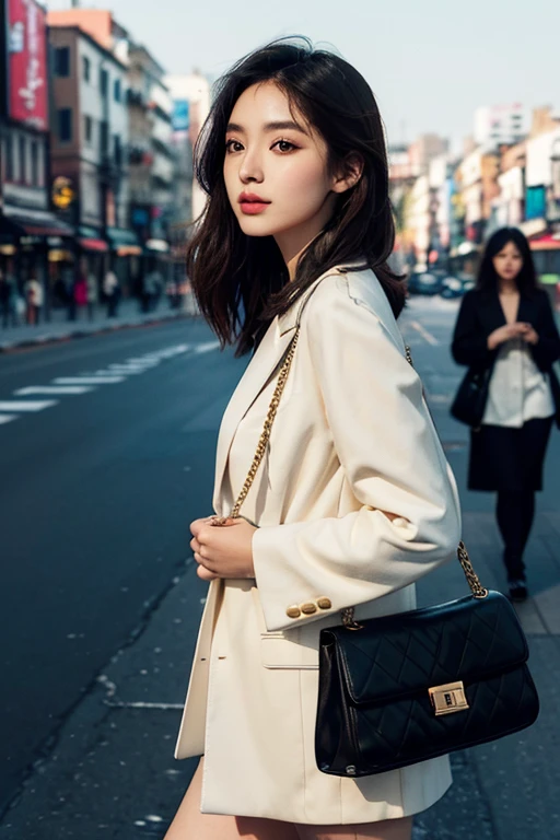 Beautiful city girl with elaborate makeup, Stylish clothes, classy fashion sense, Long straight hair, Bring a stylish handbag, And wear trendy sunglasses, Walk with confidence in downtown Seoul [urbane, Modern, Vibrant]. Her perfect porcelain skin shone in the sun, highlight her perfect skin. The vibrant colors of the cityscape create a vibrant background, The market is vibrant, Neon light, and skyscrapers [Dynamic, Energetic]. The girl is surrounded by a group of fashionable girls, Variety of styles, each one reflects a personality [Stylish, difference]. The overall scene exudes charm and sophistication.

The artwork is、Rendering using a combination of digital painting and photography techniques [Mixed Media, Contemporary]. Shows high level details, Girls have intricate patterns on their clothes, Highlight her fashion-forward style. Well-designed lighting，Creates a soft and dramatic effect, Enhance the overall mood of an image [Soft lighting, Dramatic atmosphere]. The color palette is、Consists of bright and saturated colors, Gives your artwork a bold and attractive look [Vibrant, Colorful]. The composition of the artwork is carefully balanced, attract an audience'Please pay attention to the fashion girl in the middle，Harnessing the energy of the surrounding city [Balanced composition].

(Best Quality, 4K, hight resolution), Ultra-detailed, realistic artwork, clear focus and vibrant colors, The perfect summary of the essence of urban fashion [masutepiece:1.2, Ultra-detailed, Realistic:1.37]. Image quality is top notch, Show all the intricate details of the girl' makeup, her stylish suit, bustling cityscape. The overall feel of the artwork is exquisite，visually stunning.Wolfcut Women，Beautuful Women，Stroll through the business district、Portrait of a woman in a coat, top-quality、hyper HD、奈良美智, Japanese Models, Beautiful Japan Girl, With short hair, 27-year-old female model, 4 k ], 4K],