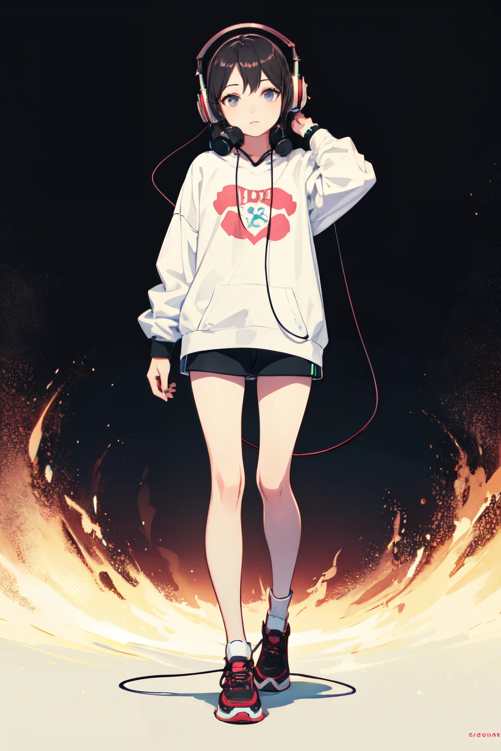 an animated girl with headphones on listening to lofi songs, full body