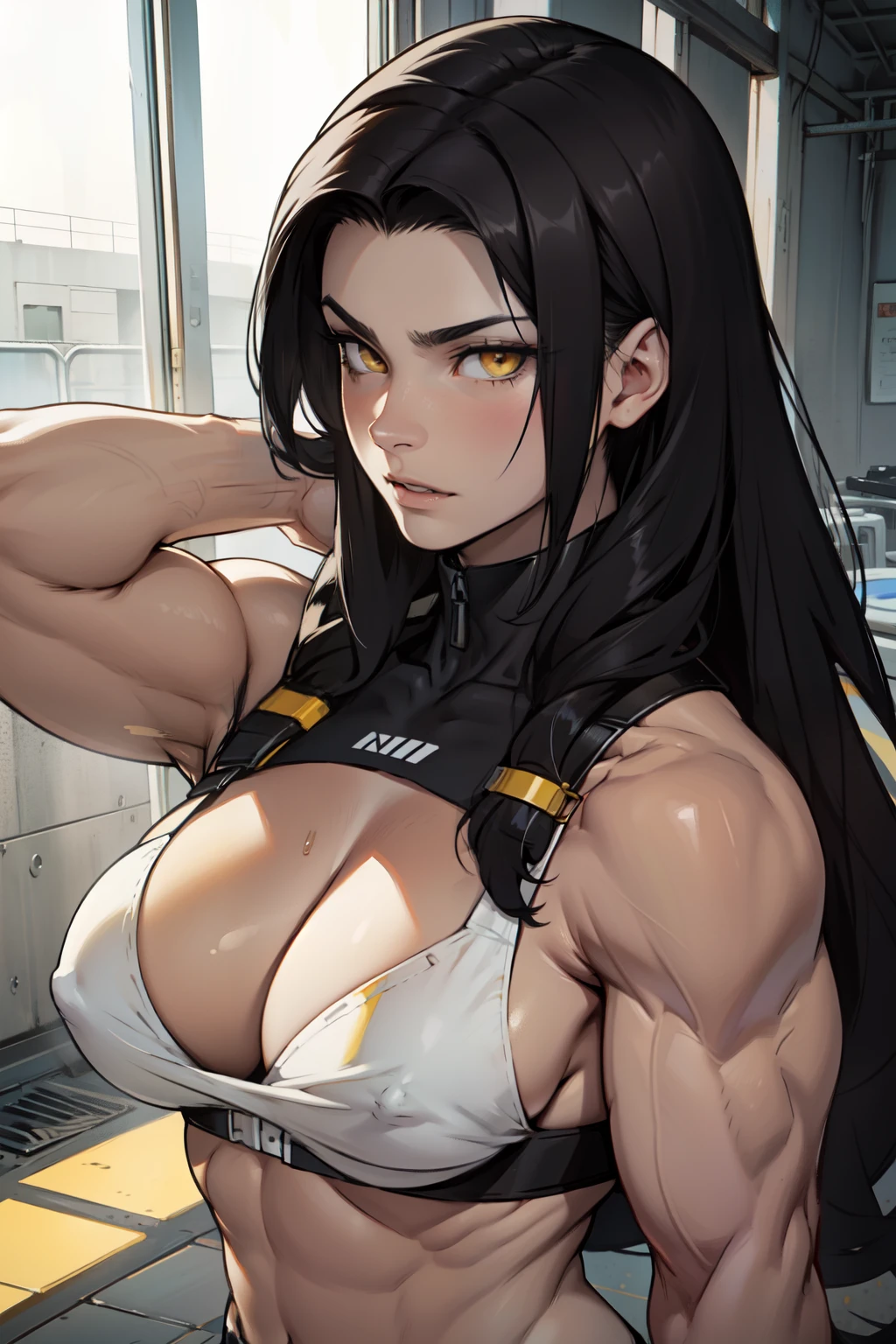 1girl pale skin black hair long hair yellow eyes breasts breasts breasts breasts breasts muscular muscular muscular muscular muscular muscular muscular muscular muscular ((seductive expression))
