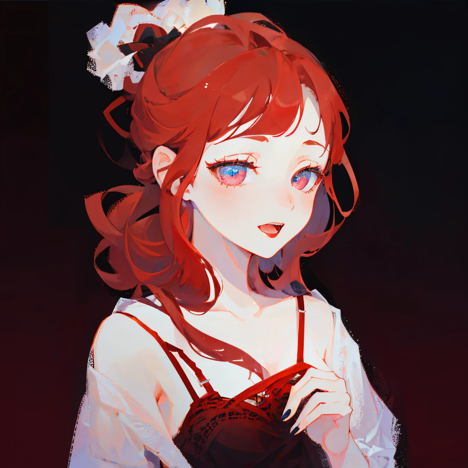 (Ahegao) RED Girl,Wear red lingerie,bright red lips,Detailed eyes and face,Long loose red hair,standing in a dark room,Soft lighting,vivid colors,Artistic portrait,High resolution. (SNFW)
