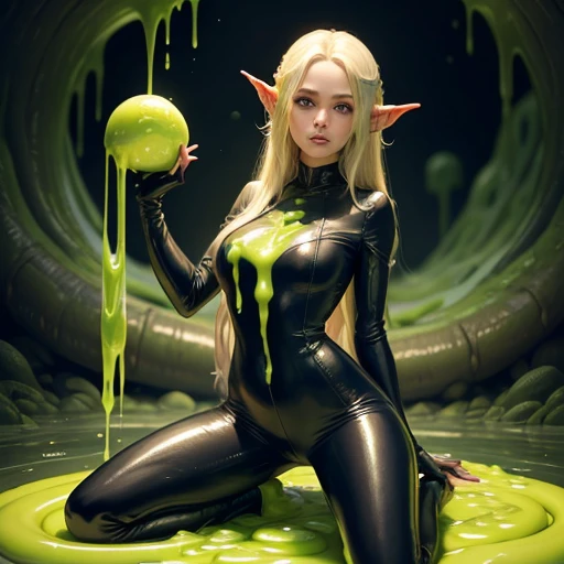 Half immersed in monster goo, body of a young blonde elf with long hair, woman in leather jumpsuit, Full growth in the frame. Slime monster tentacles cover the body. higly detailed.