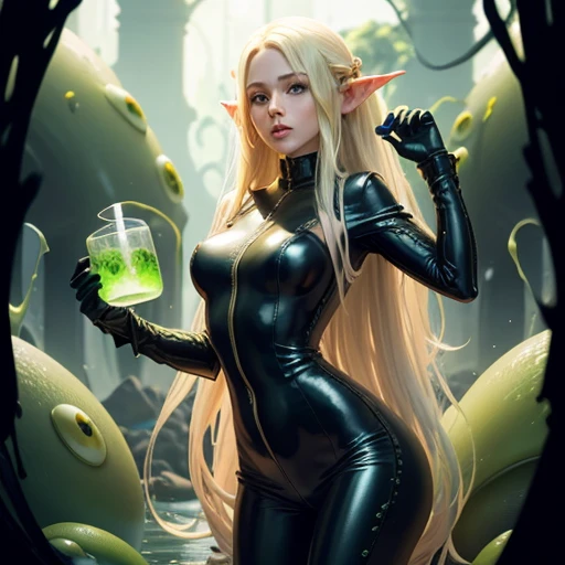 immersed in monster slime, body of a young blonde elf with long hair, full-length woman in the frame.