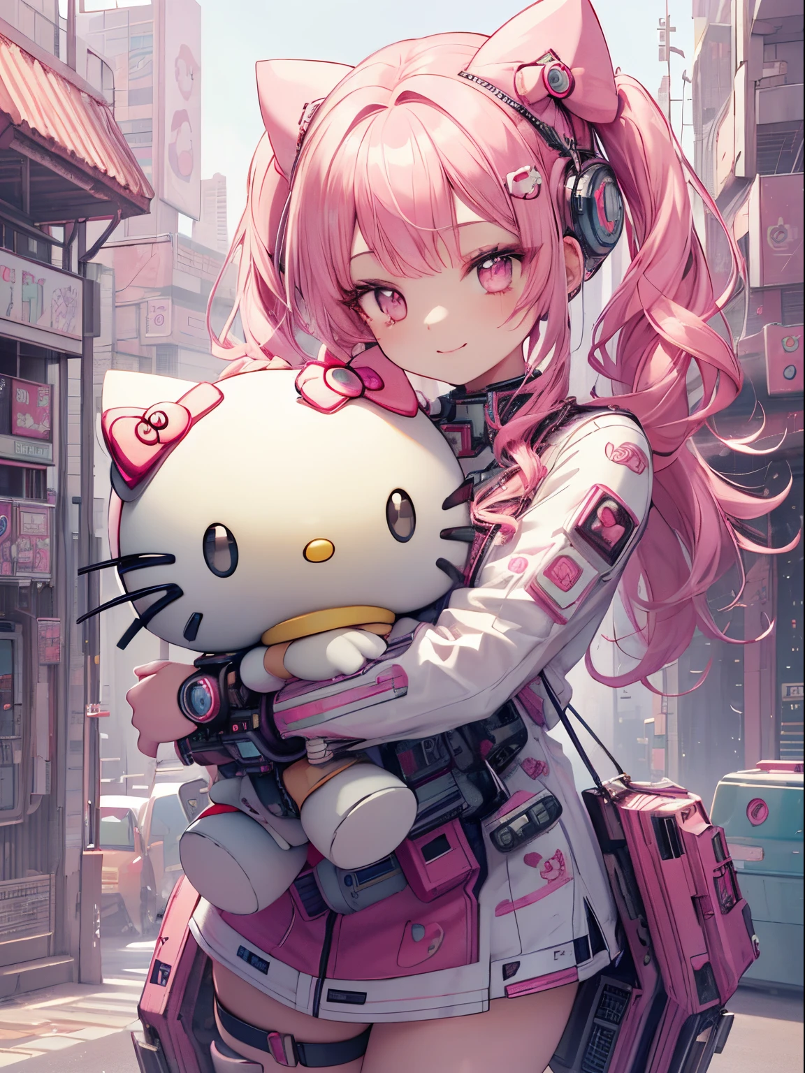 best quality, 4K wallpaper, masterpiece, extremely detailed CG unity 8k wallpaper, extremely detailed eyes, ultra-detailed, intricate details, 
1girl, scifi, (h1c4tt3ch mecha, hugging hello kitty doll, cyberpunk, neon city happy, smile, hello kitty, adorable, cute, dynamic pose