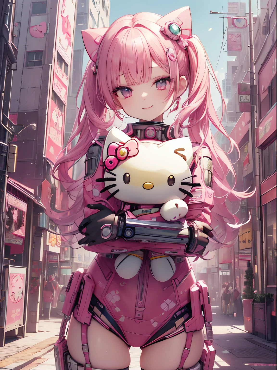 best quality, 4K wallpaper, masterpiece, extremely detailed CG unity 8k wallpaper, extremely detailed eyes, ultra-detailed, intricate details, 
1girl, scifi, (h1c4tt3ch mecha, hugging hello kitty doll, cyberpunk, neon city happy, smile, hello kitty, adorable, cute, dynamic pose