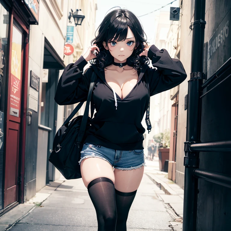 1girl, should length hair, curly black hair, blue eyes, pale skin, baggy clothes, bags under eyes, black hoodie, frown, shorts, black thigh highs, large breasts, black choker