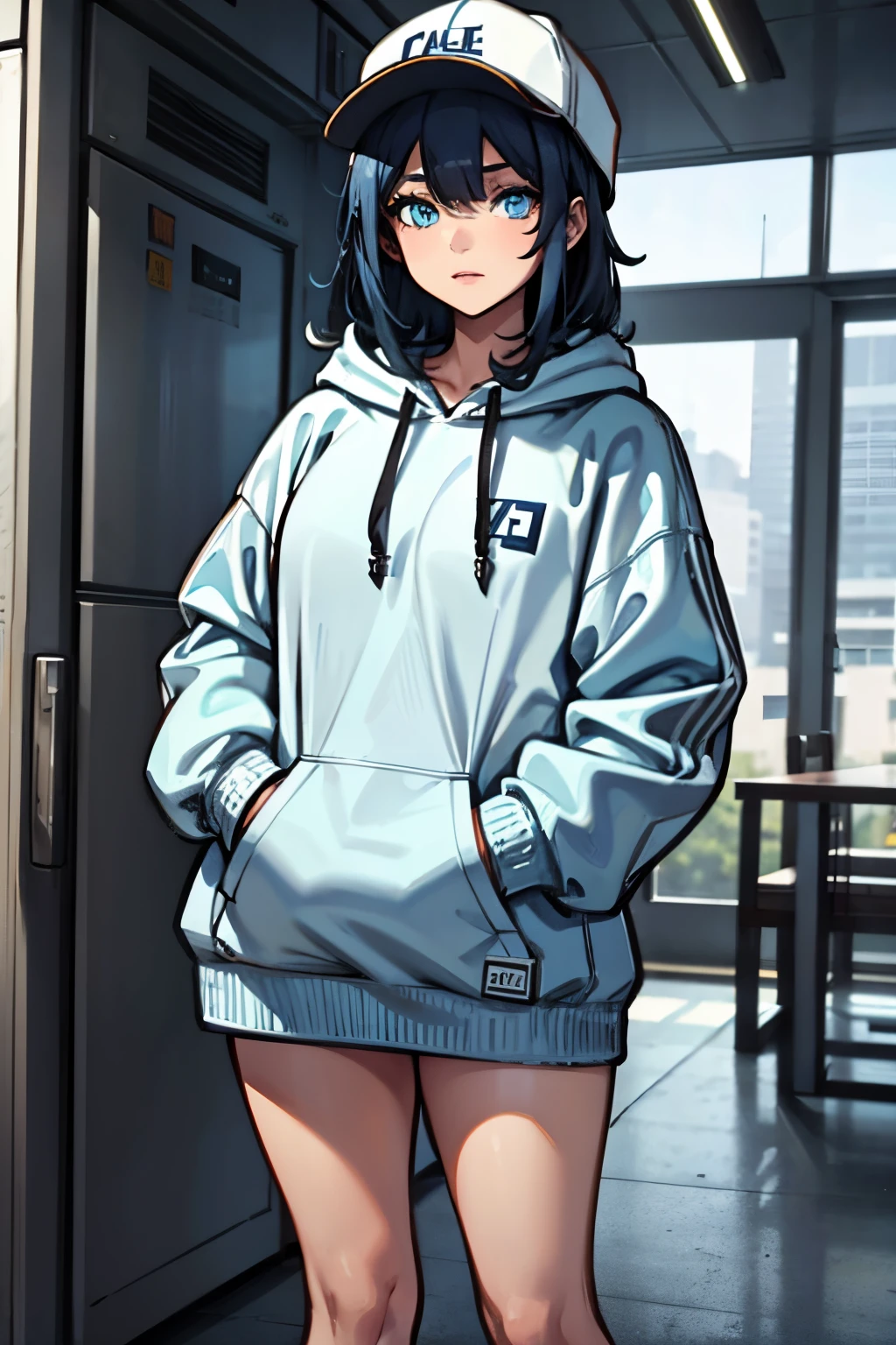 1girl,blue hair,light blue eyes,yellow over sized hoodie,white cap