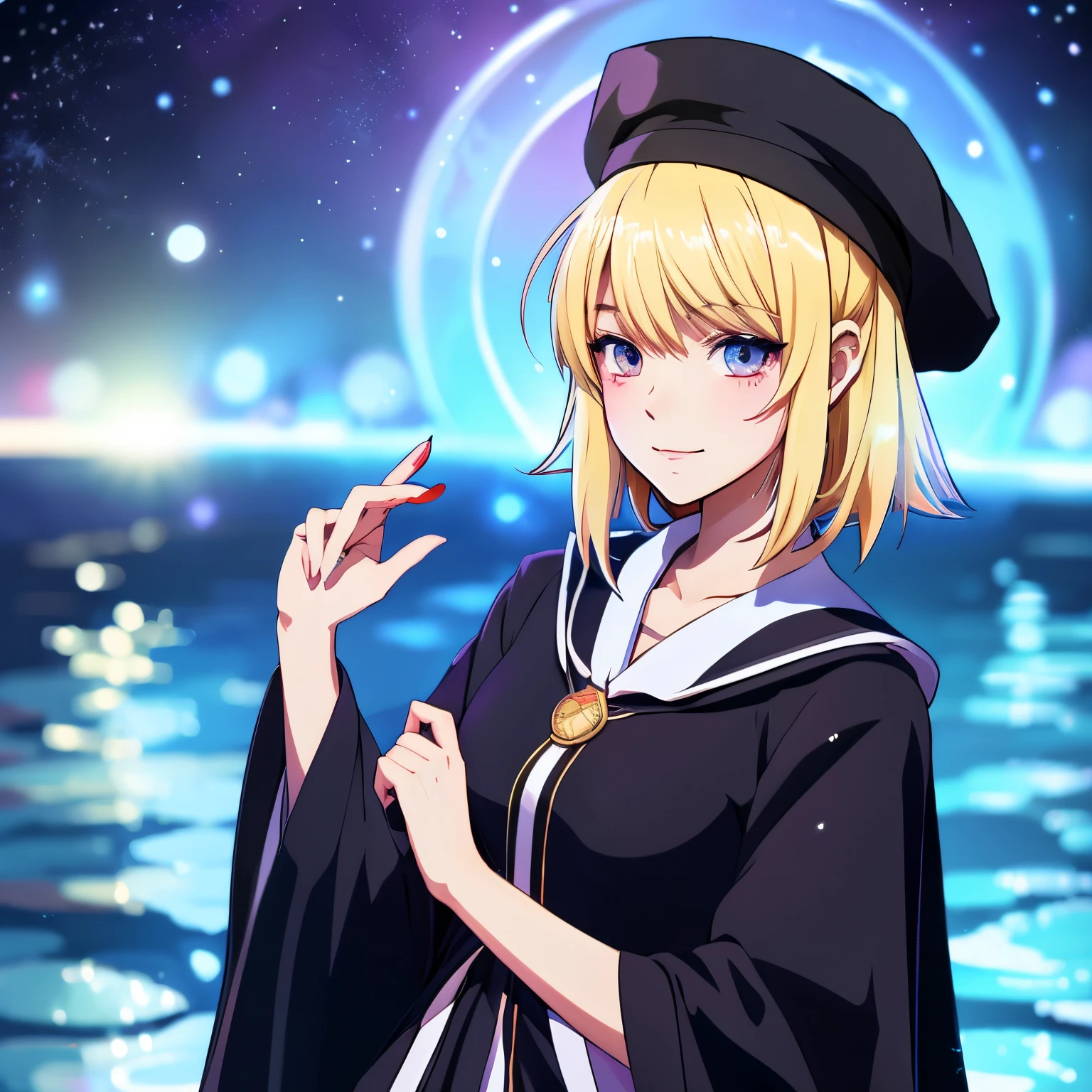 Anime-style drawings,girl with,a blond,long,Sorcerer,Turned,cute little,water magic,black robes,Pointy hat.