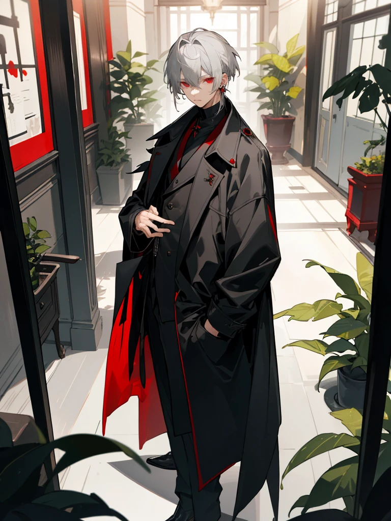 (masterpiece, best quality), gray hair, plant, looking at viewer, red eyes, black coat, long sleeves, indoors, holding, bangs, coat, solo focus, standing, 1boy, jewelry, earrings, hair between eyes, open clothes